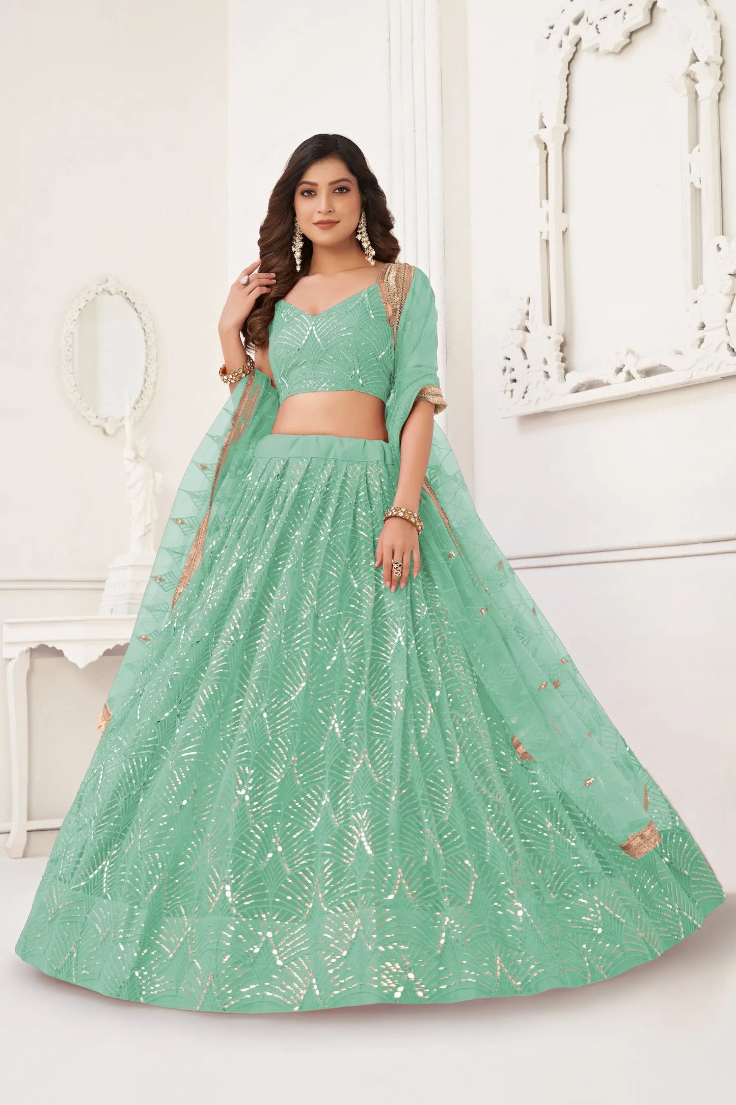 Sea Green Net Embroidery Lehenga Choli