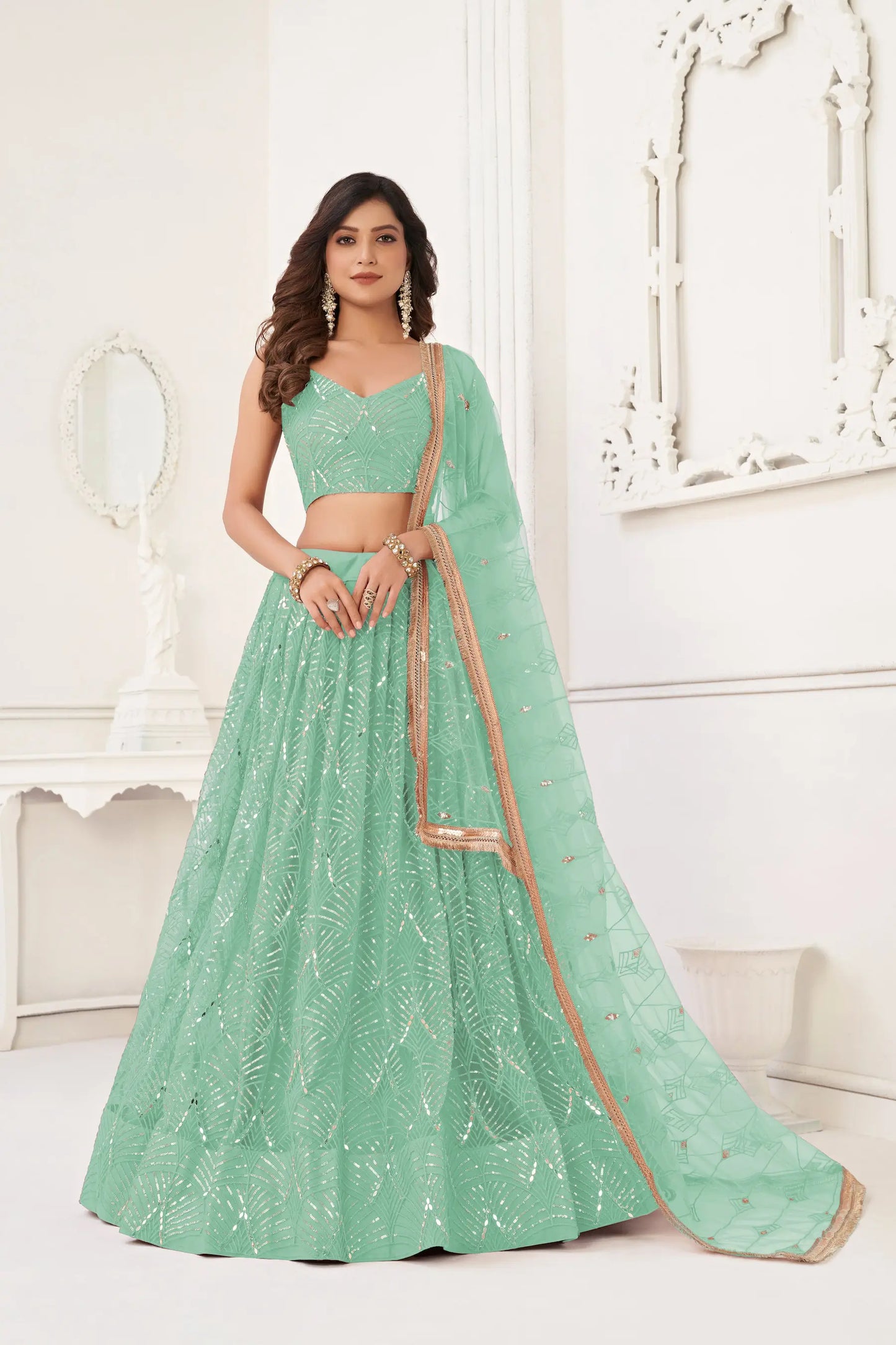 Sea Green Net Embroidery Lehenga Choli