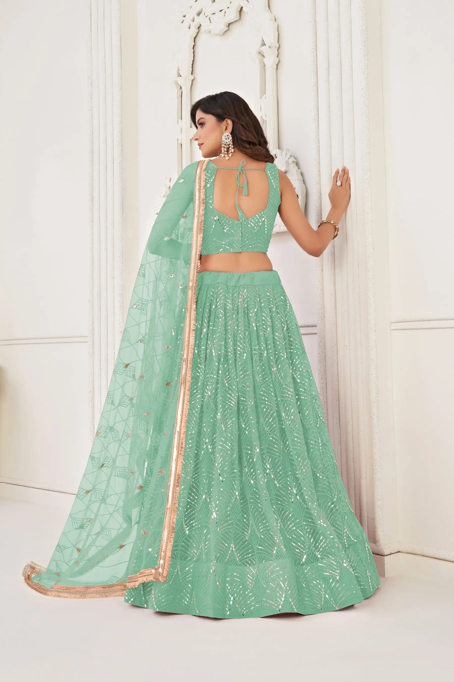 Sea Green Net Embroidery Lehenga Choli