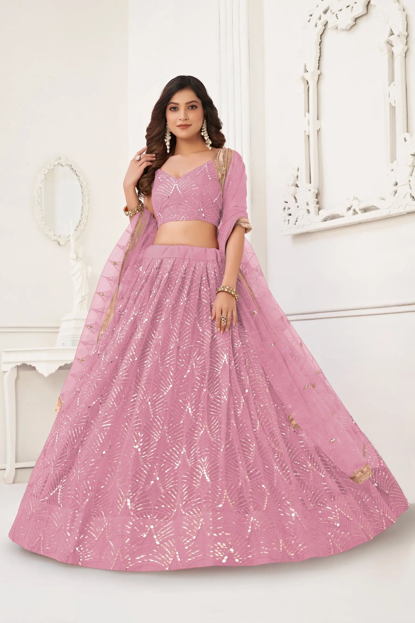 Dusty Pink Net Embroidery Lehenga Choli
