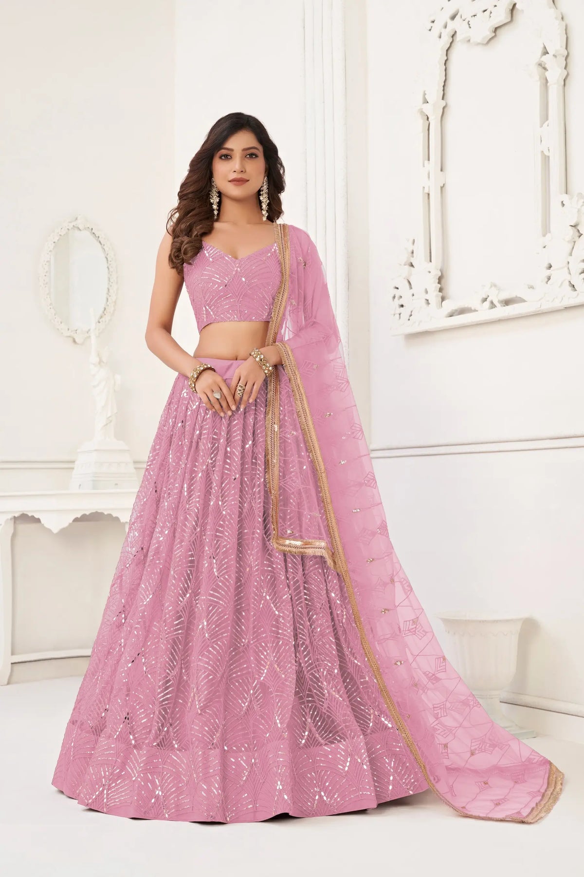 Dusty Pink Net Embroidery Lehenga Choli