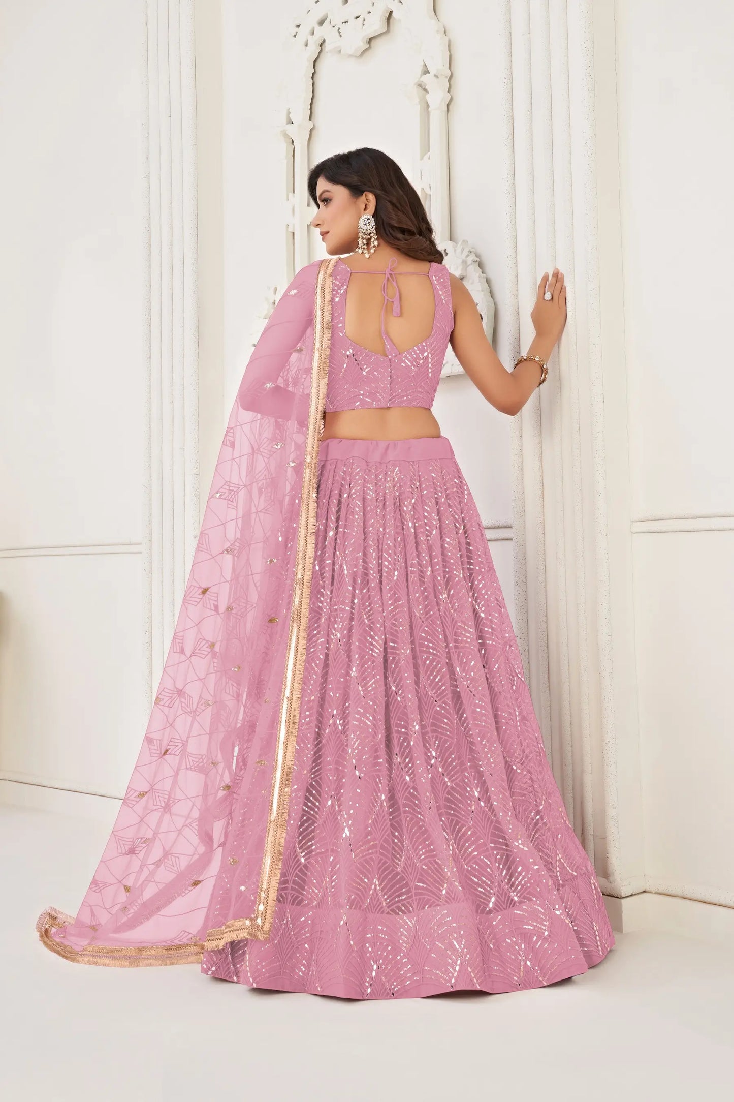 Dusty Pink Net Embroidery Lehenga Choli
