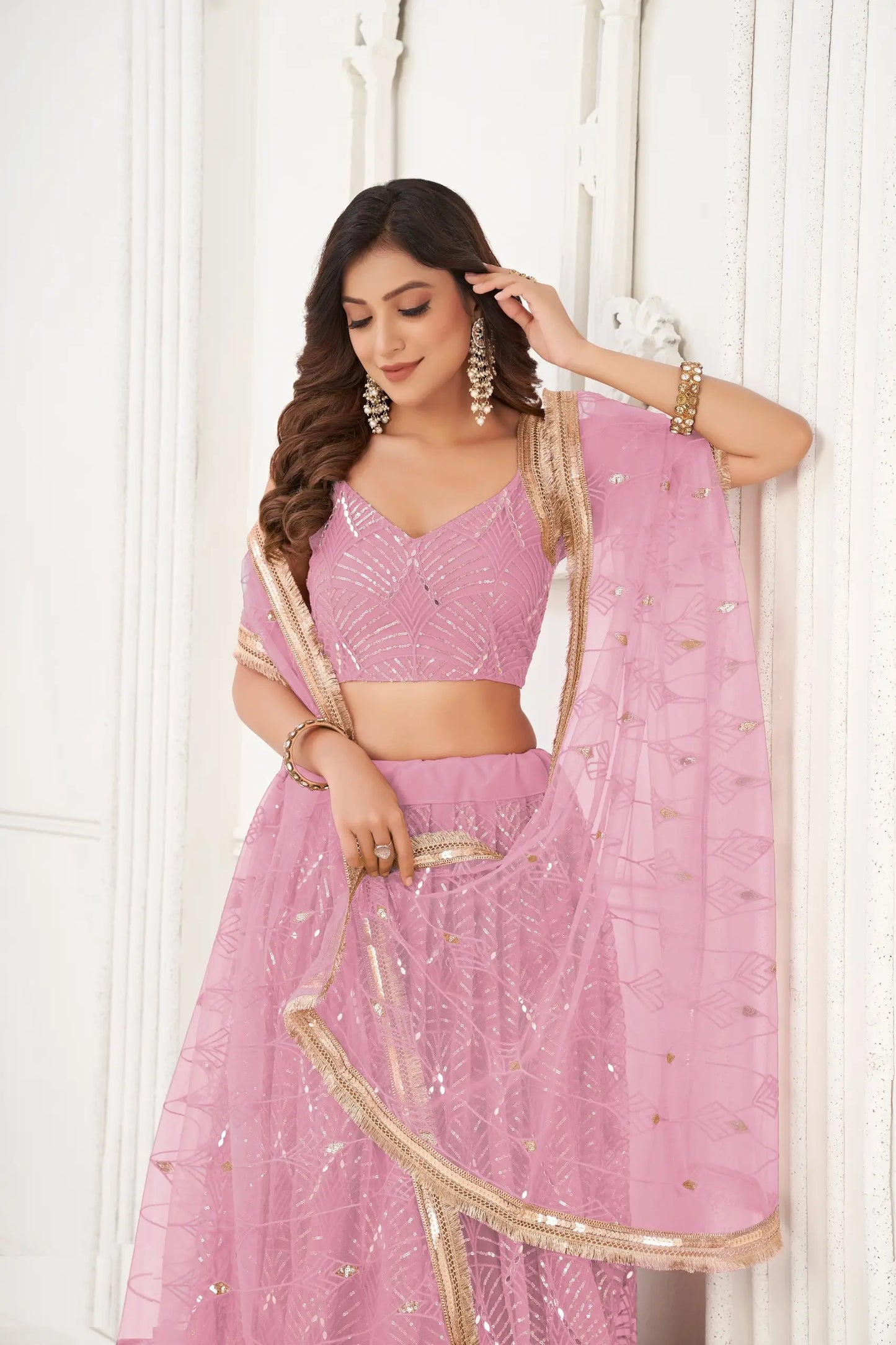 Dusty Pink Net Embroidery Lehenga Choli