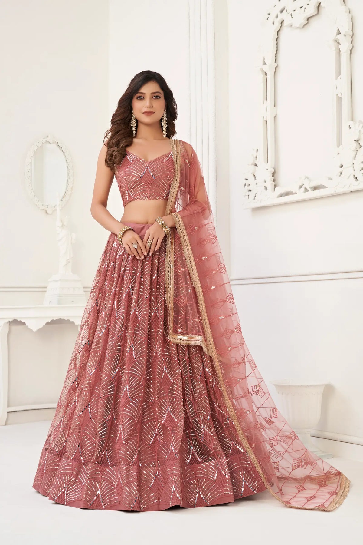 Brownish Pink Net Embroidery Lehenga Choli