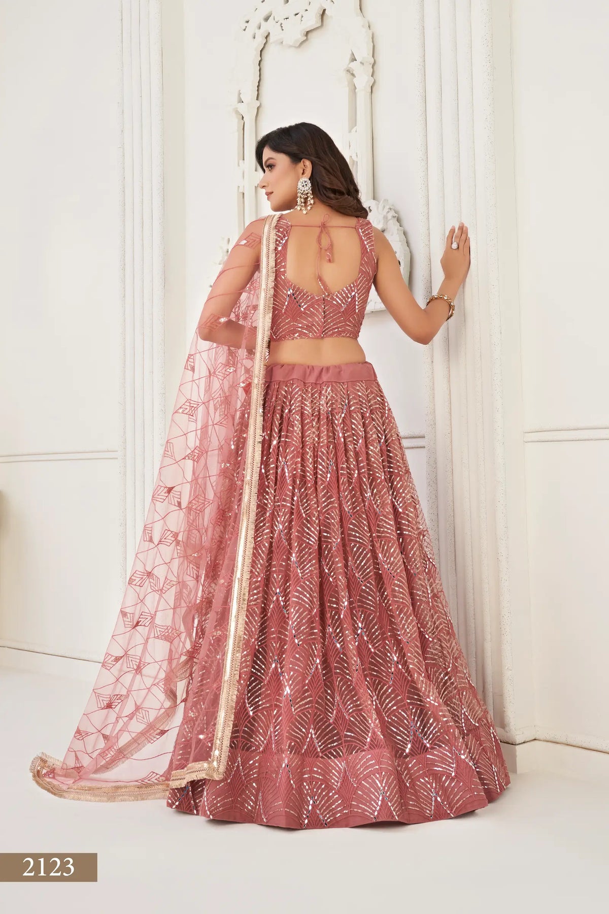 Brownish Pink Net Embroidery Lehenga Choli