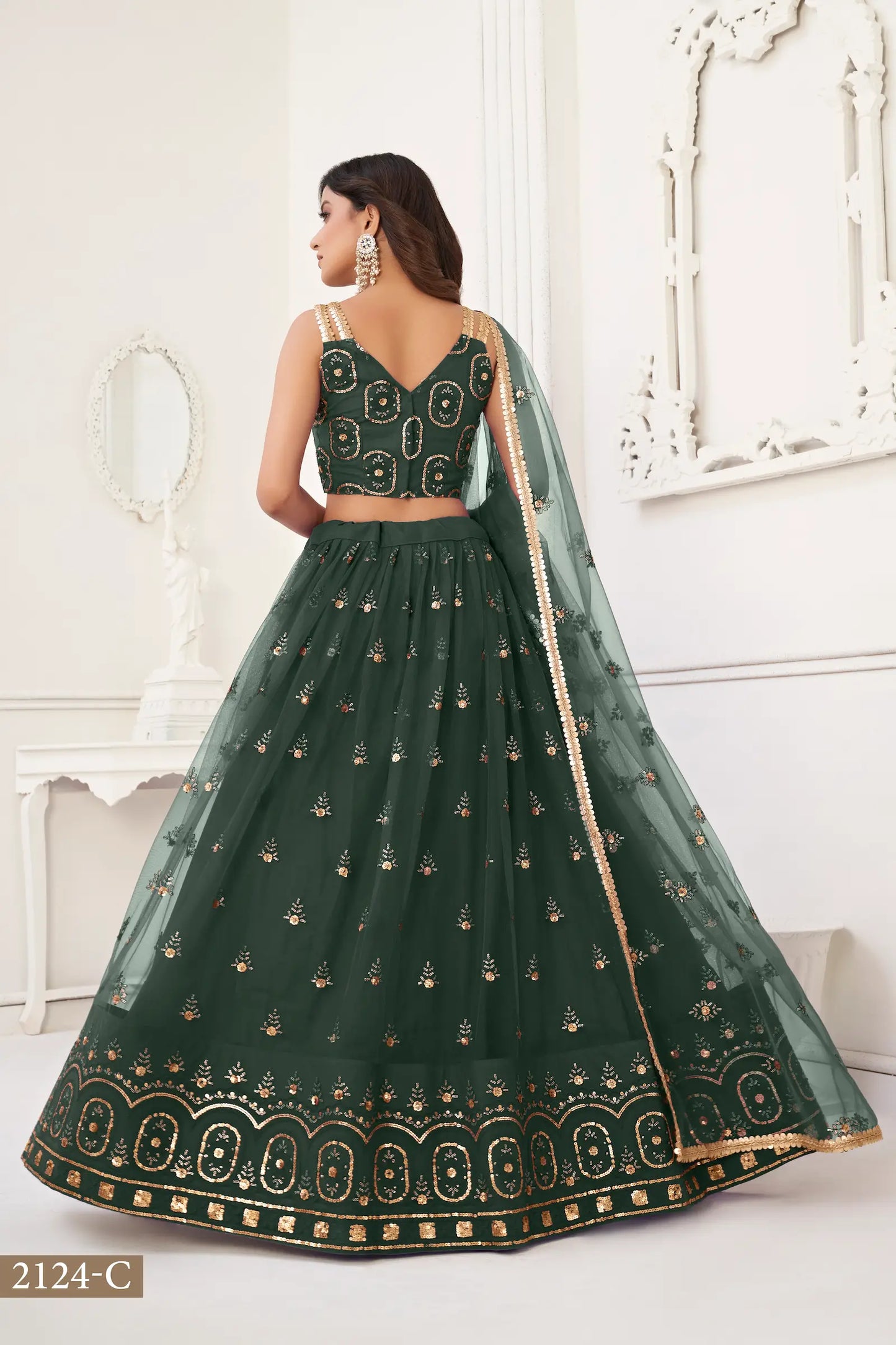 Dark Green Net Lehenga Choli With Thread Work & Sequence Work