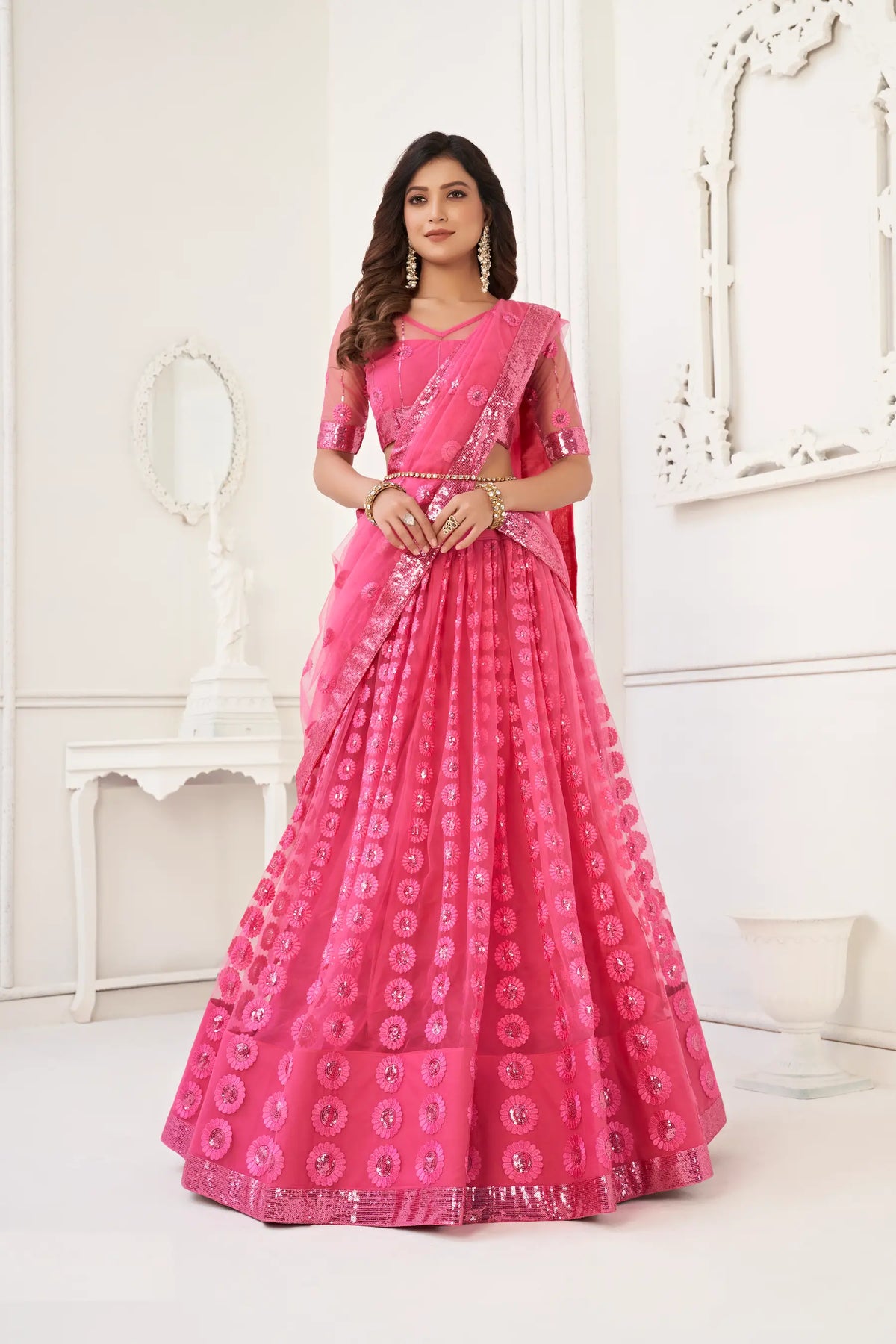 Bright Pink Net Lehenga Choli With Cotton Thread Work & Sequence Embroidery Work