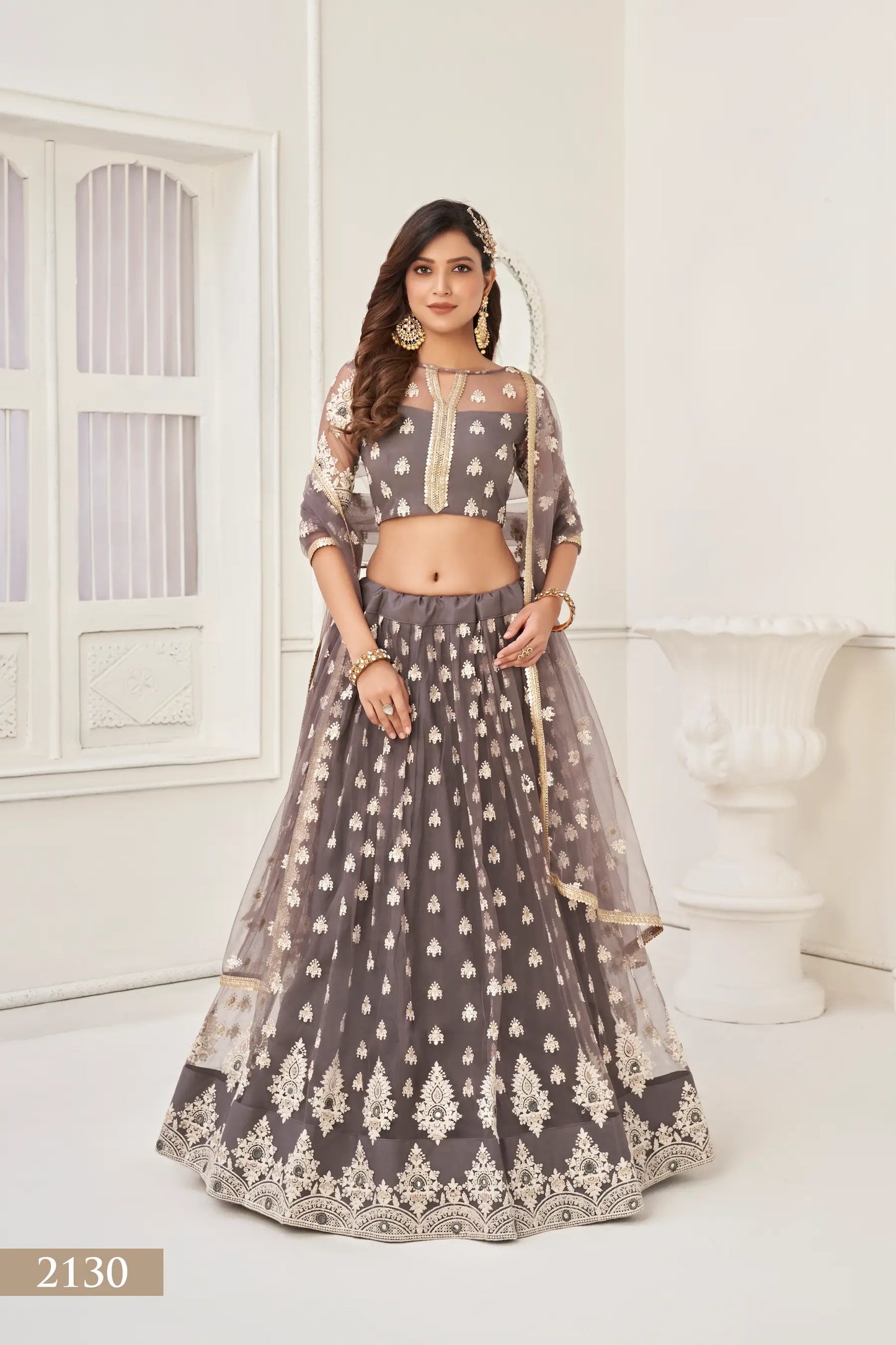 Space Grey Net Lehenga Choli With Cotton Thread Work & Sequence Embroidery Work