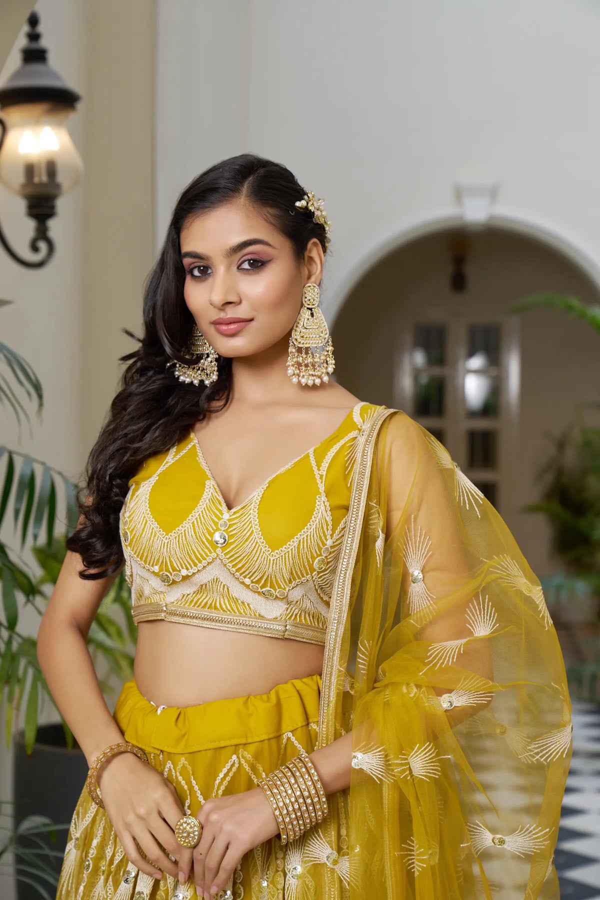 Mustard Net Lehenga Choli With Cotton Thread Work & Sequence Embroidery Work