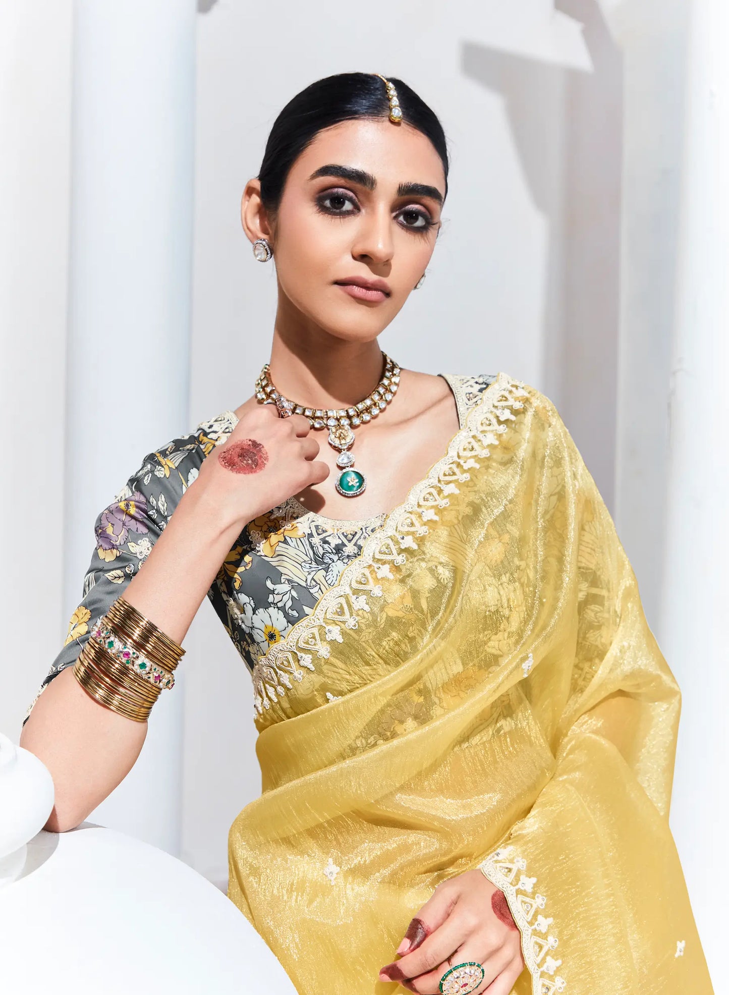 Lime Yellow Glass Organza Saree With Digital Print,  Sequence & Thread Embroidery Work