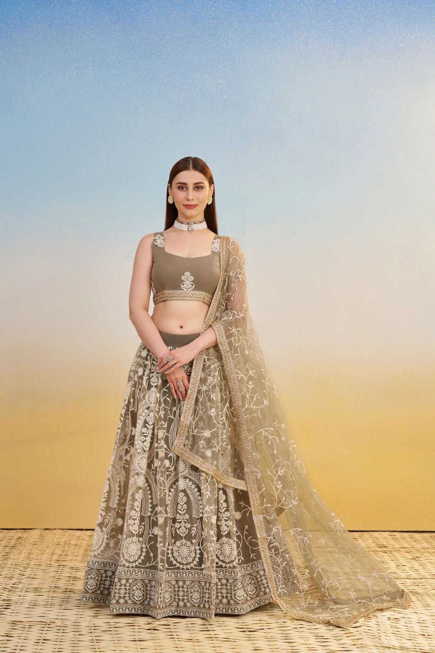 Dark Beige Net Lehenga Choli With Thread & Sequins Embroidery Work