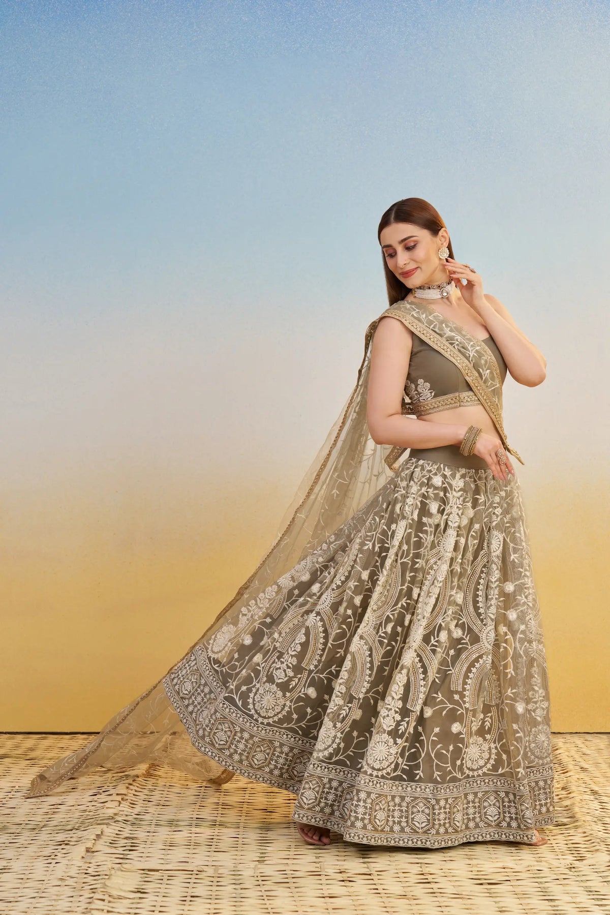 Dark Beige Net Lehenga Choli With Thread & Sequins Embroidery Work