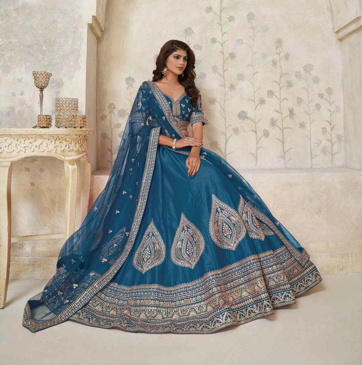 Teal Blue Elegant Wedding lehenga With Zari Work