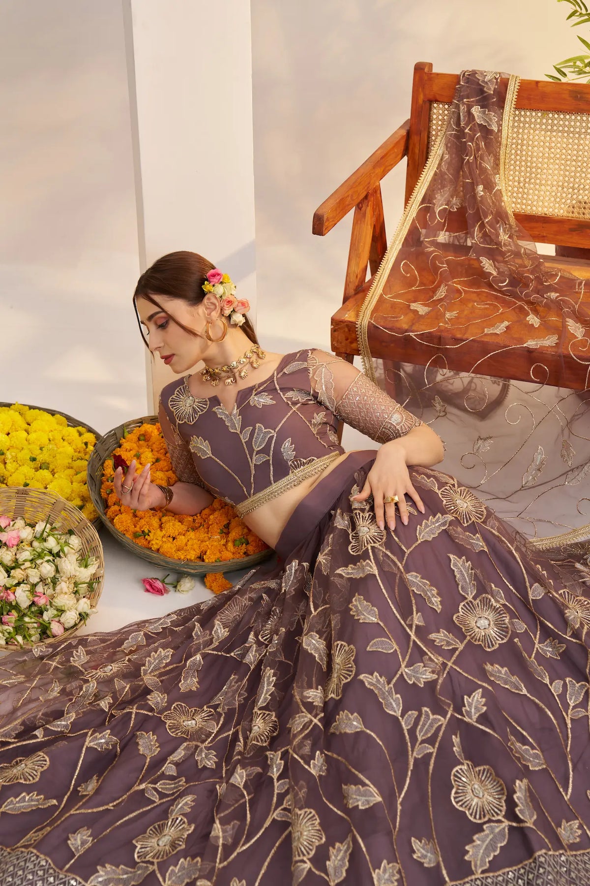 Dark Onion Net Lehenga Choli With Embroidery Work
