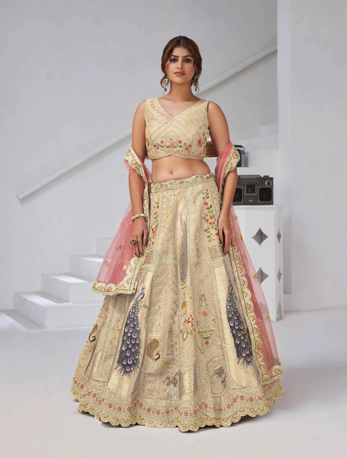 Ivory Silk Designer Lehenga With Peacock Feather Work