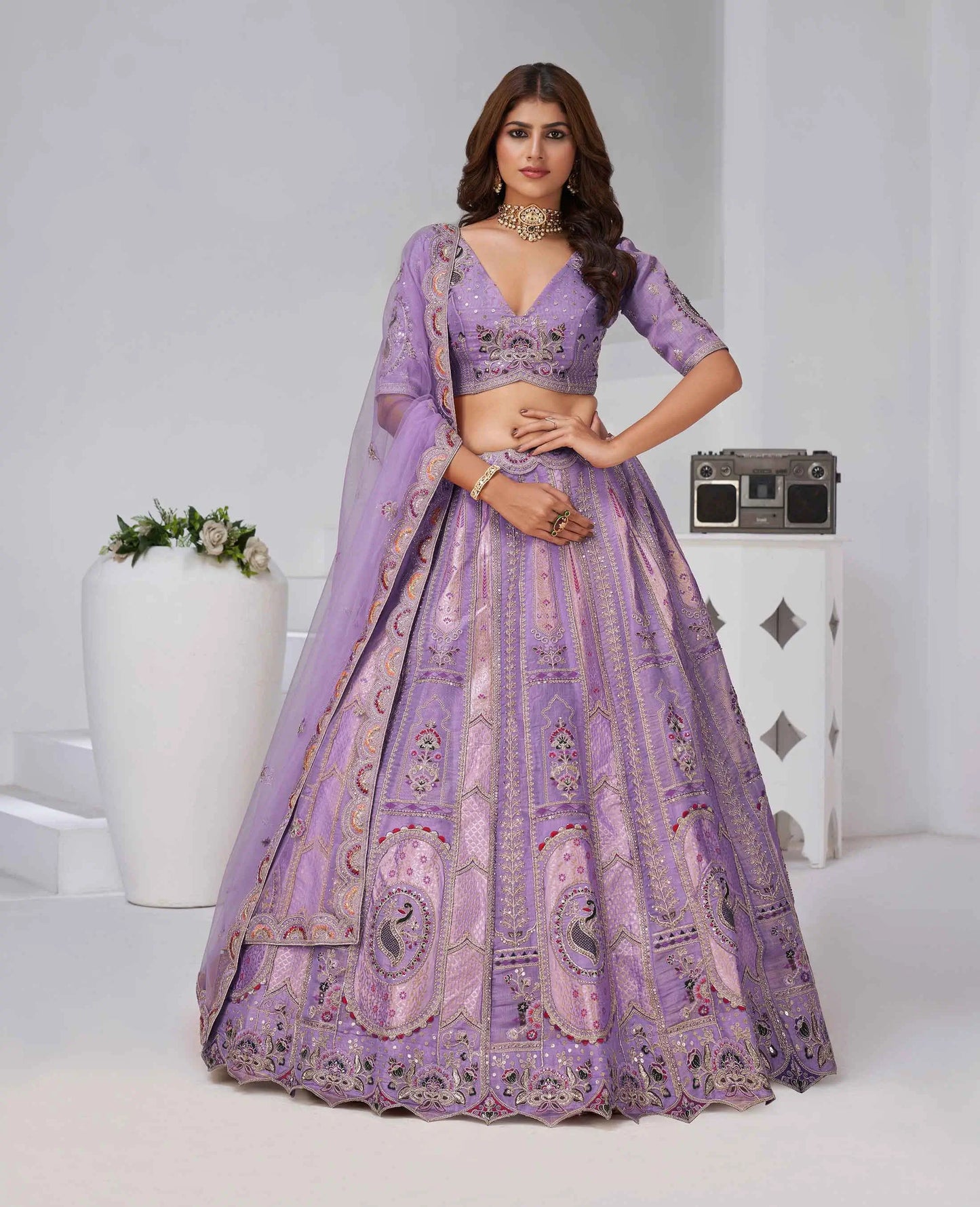 Dusty Lavender Zari Resham Embroidery Silk Lehenga