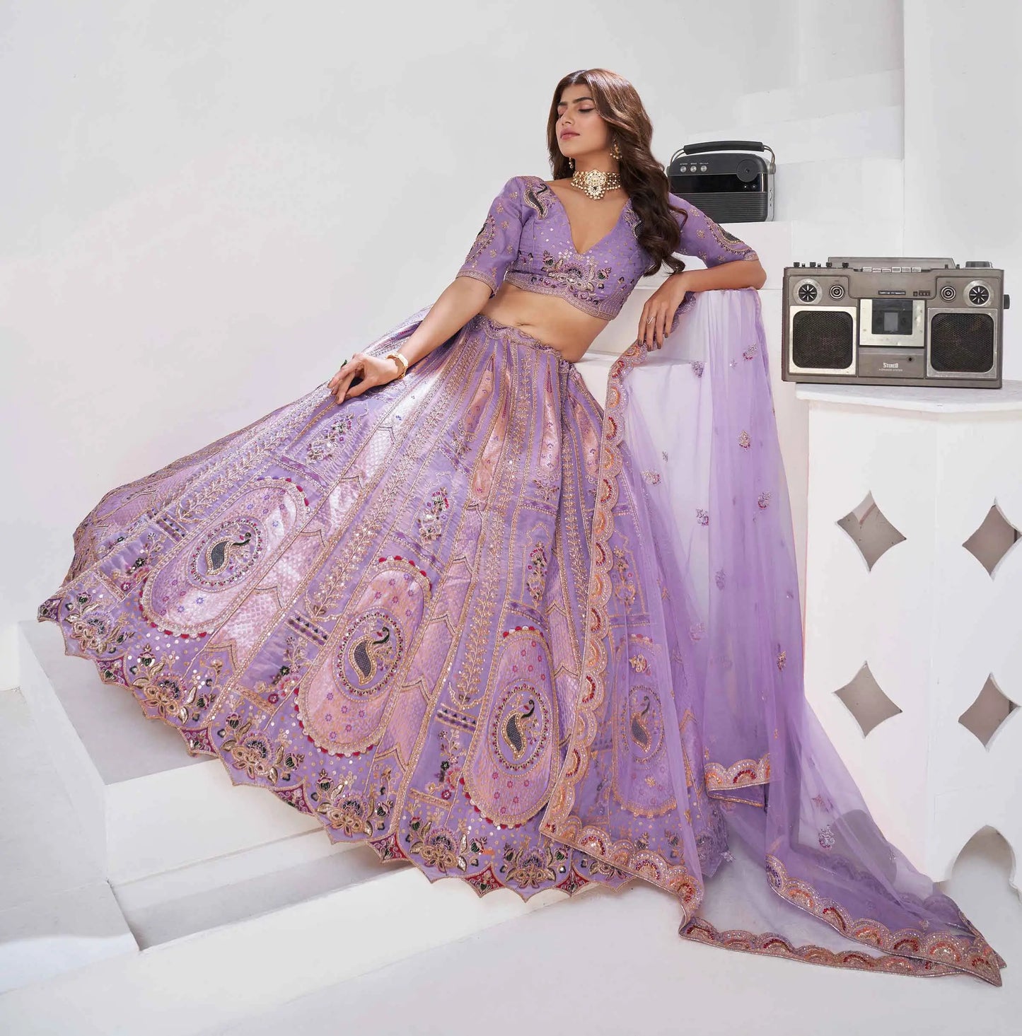 Dusty Lavender Zari Resham Embroidery Silk Lehenga