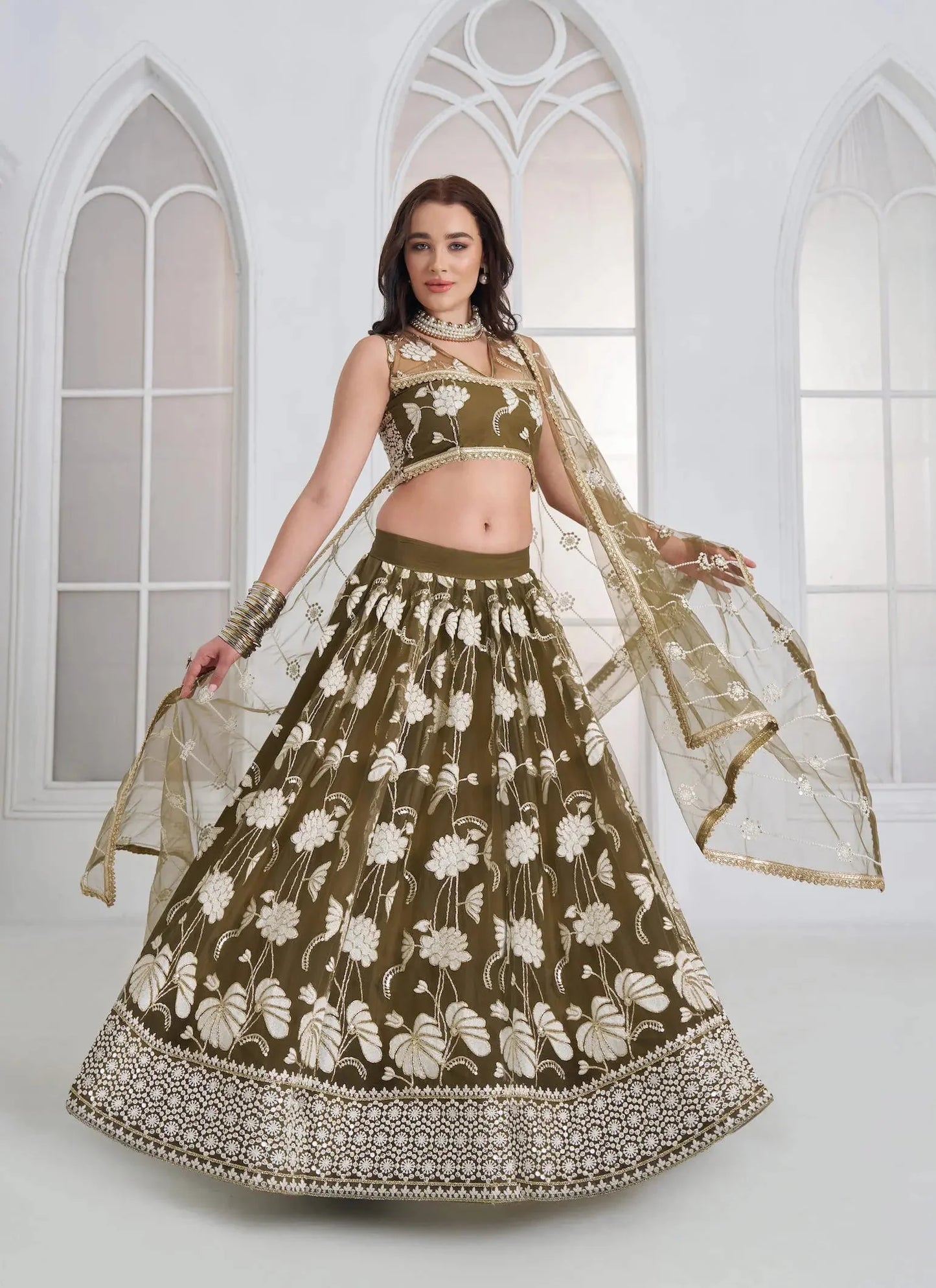 Olive Green Embroidered Lehenga Choli