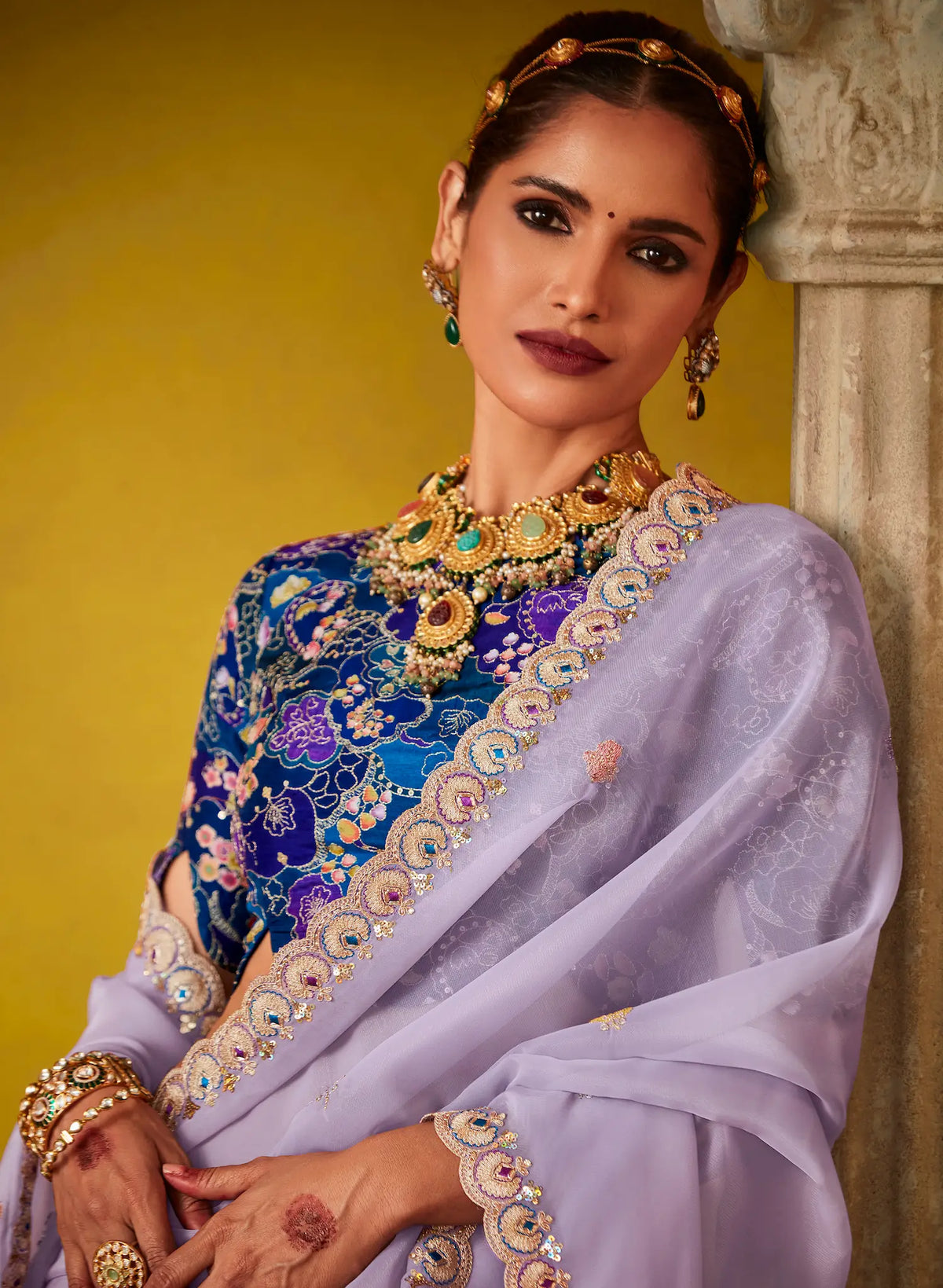 Lavender Glass Tissue Saree With Digital Print,  Sequence & Thread Embroidery Work