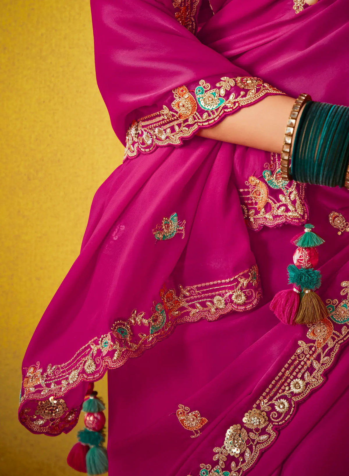 Deep Pink Glass Tissue Saree With Digital Print,  Sequence & Thread Embroidery Work