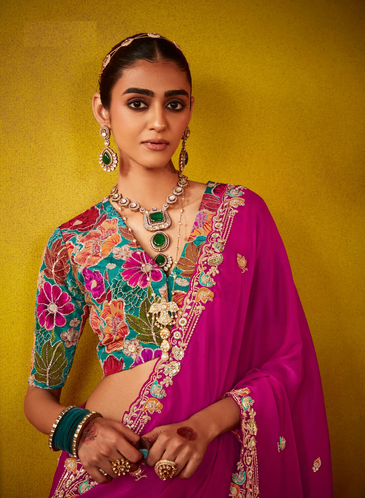 Deep Pink Glass Tissue Saree With Digital Print,  Sequence & Thread Embroidery Work