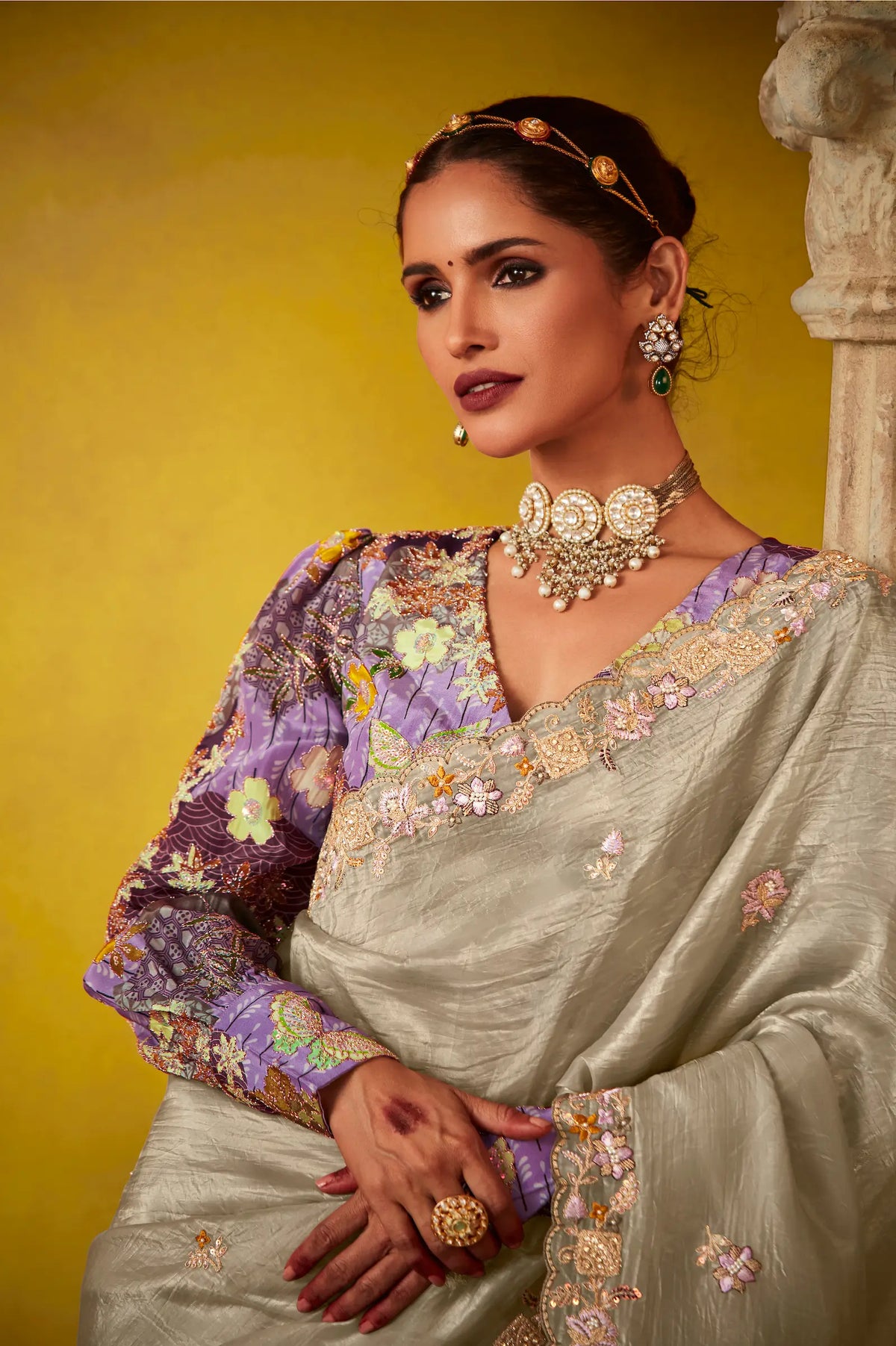 Grey Glass Tissue Saree With Digital Print,  Sequence & Thread Embroidery Work