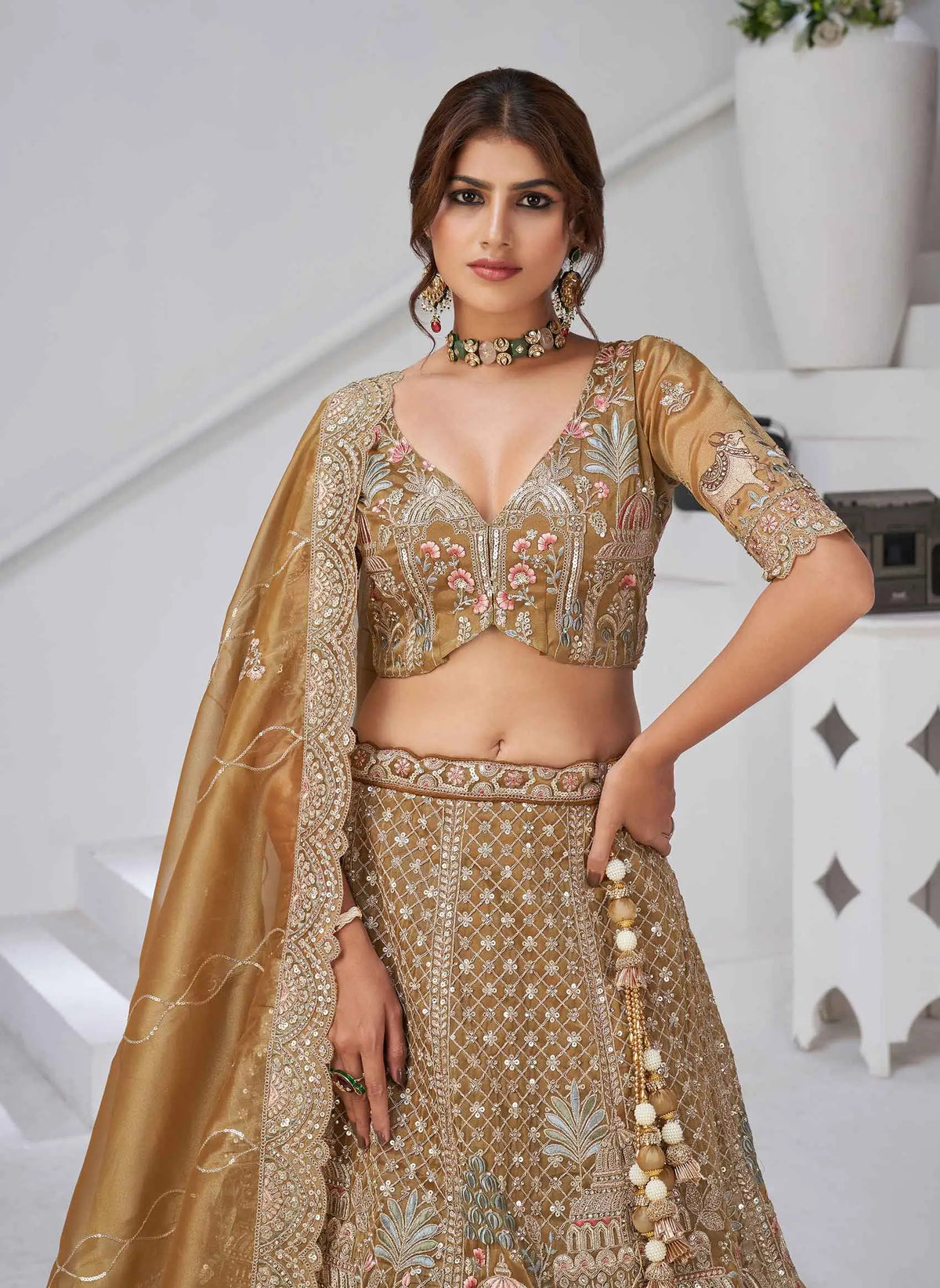 Traditional Bridal Lehenga With Temple & Cow Motifs