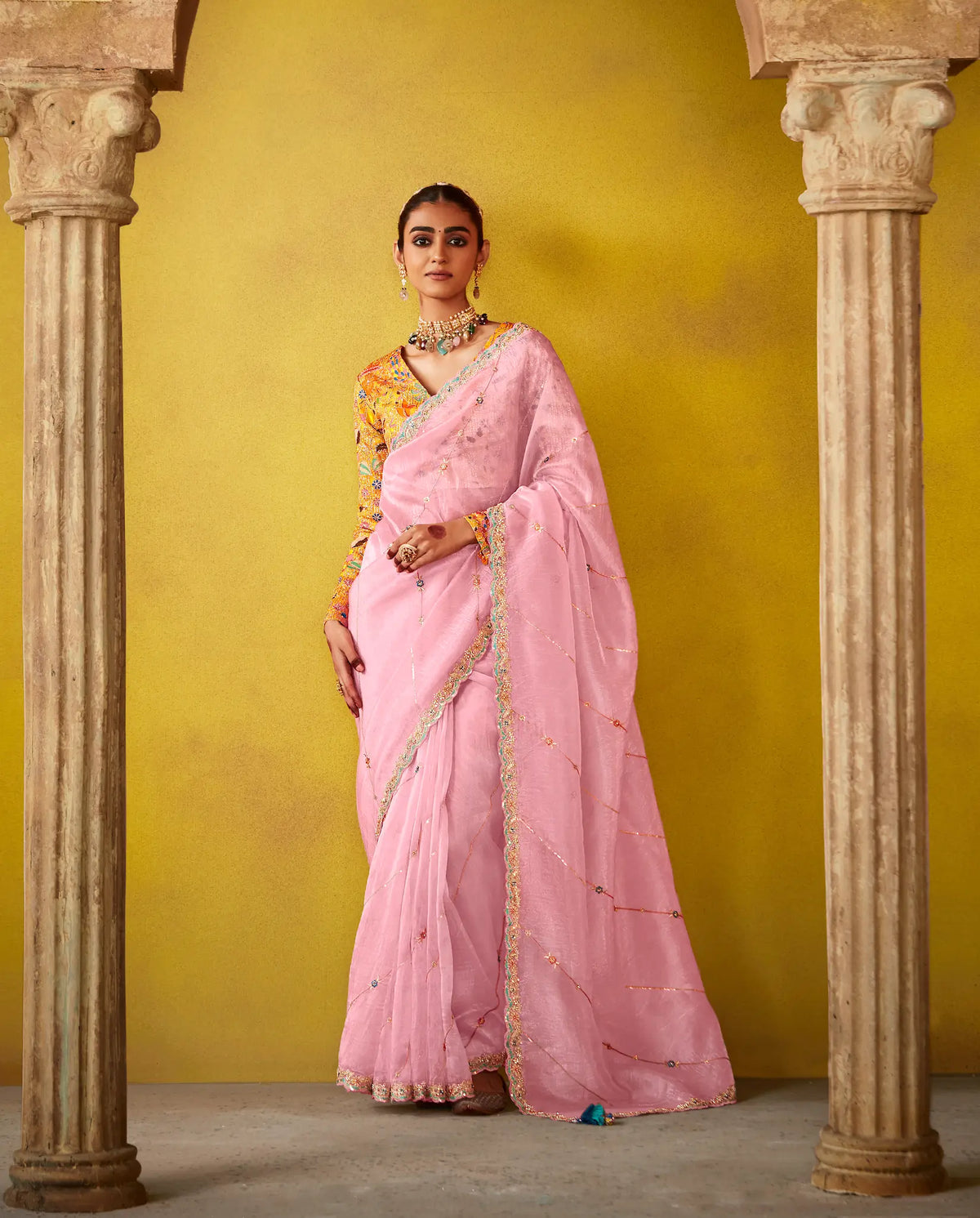 Light Pink Glass Tissue Saree With Digital Print,  Sequence & Thread Embroidery Work