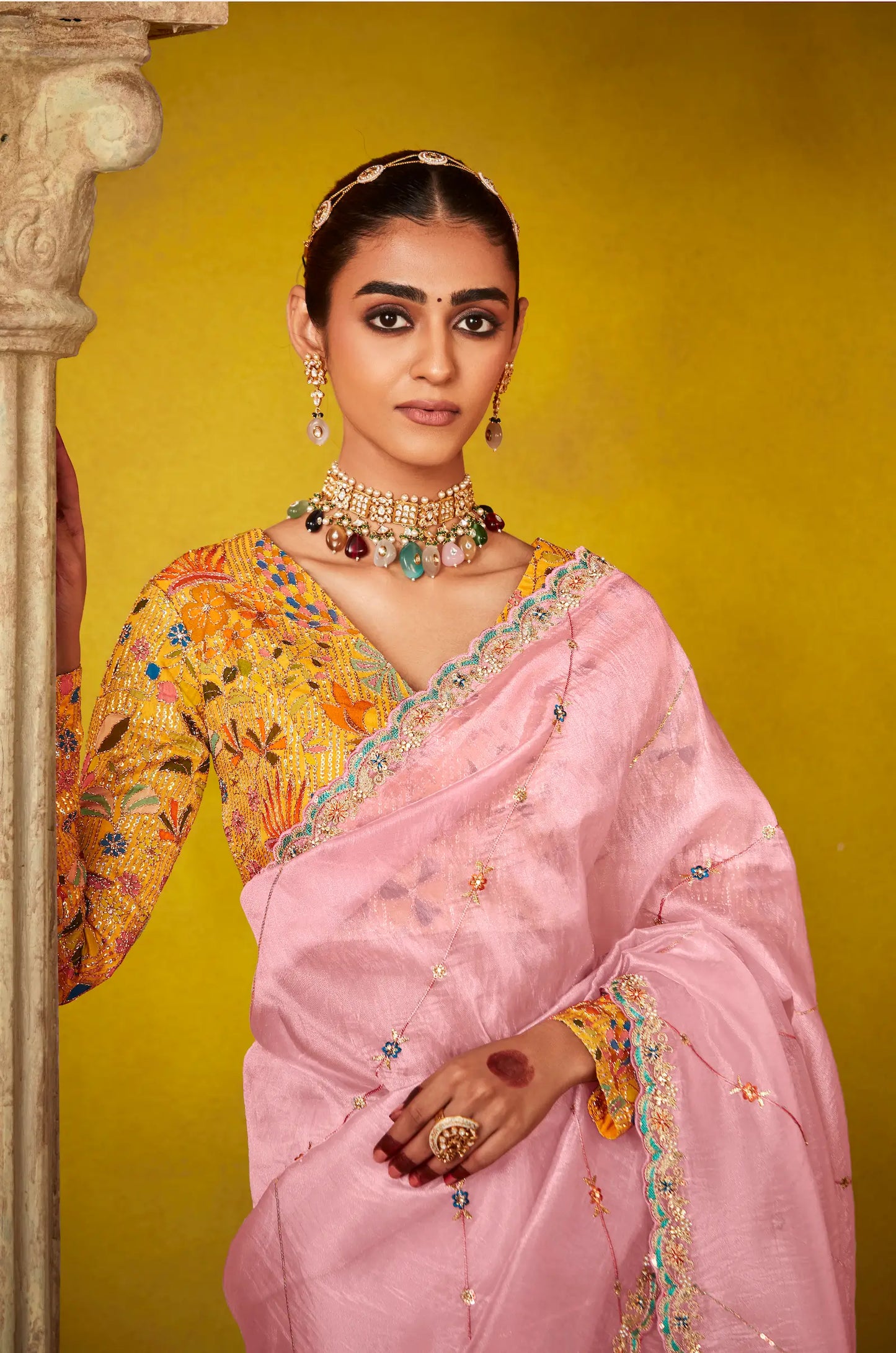 Light Pink Glass Tissue Saree With Digital Print,  Sequence & Thread Embroidery Work