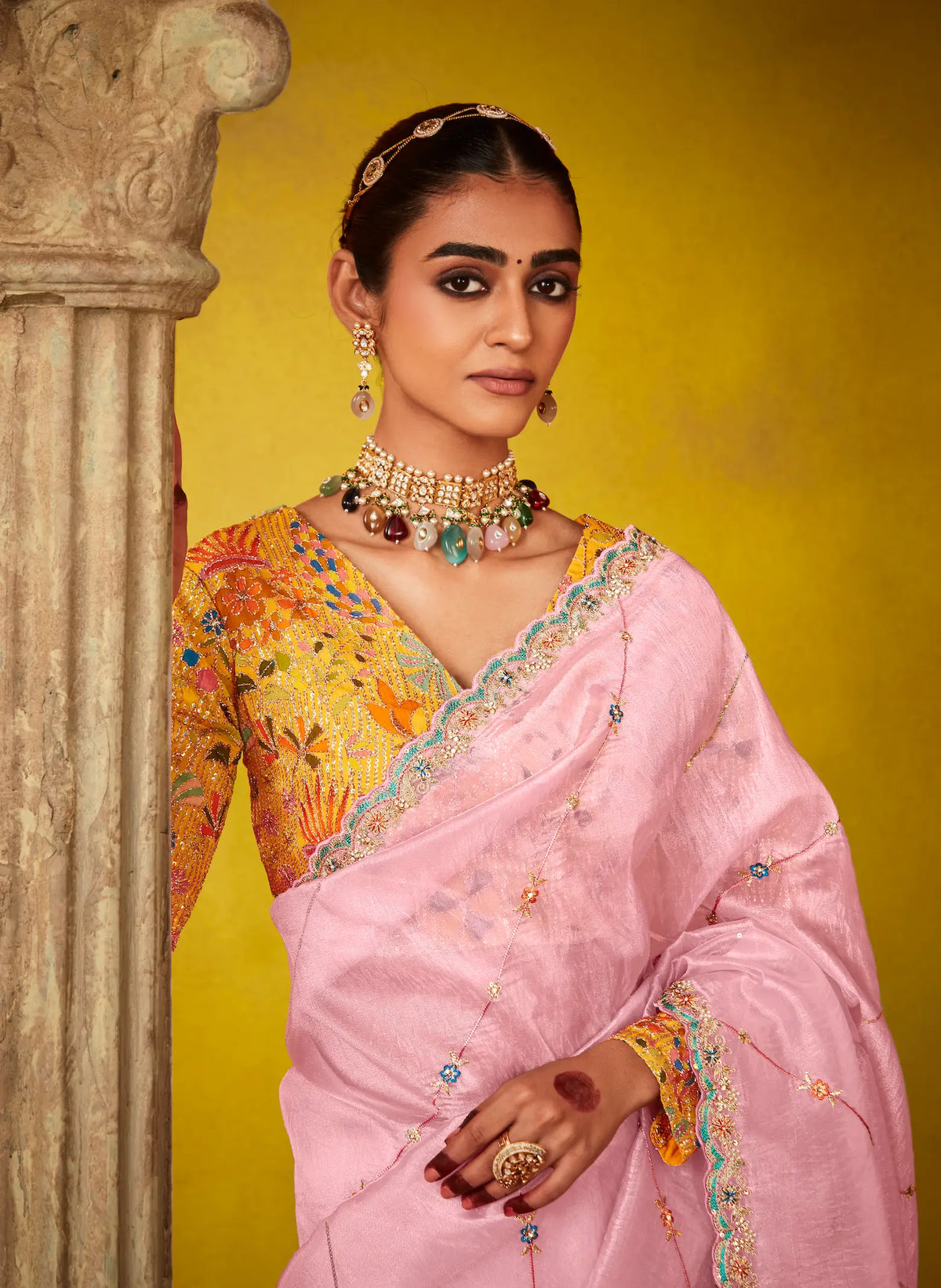 Light Pink Glass Tissue Saree With Digital Print,  Sequence & Thread Embroidery Work