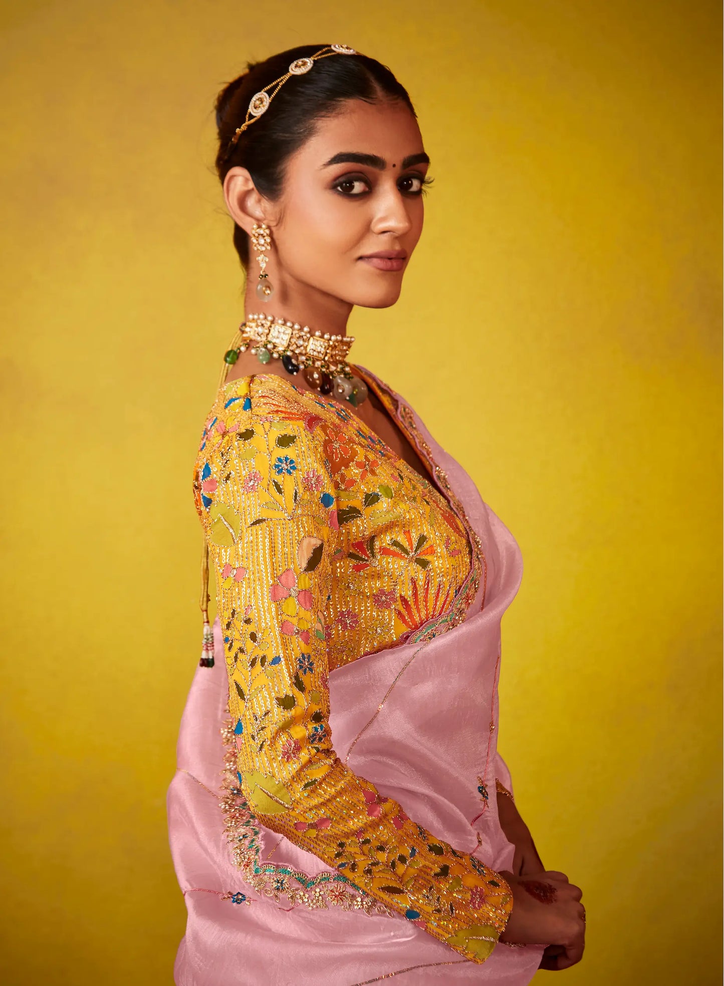 Light Pink Glass Tissue Saree With Digital Print,  Sequence & Thread Embroidery Work
