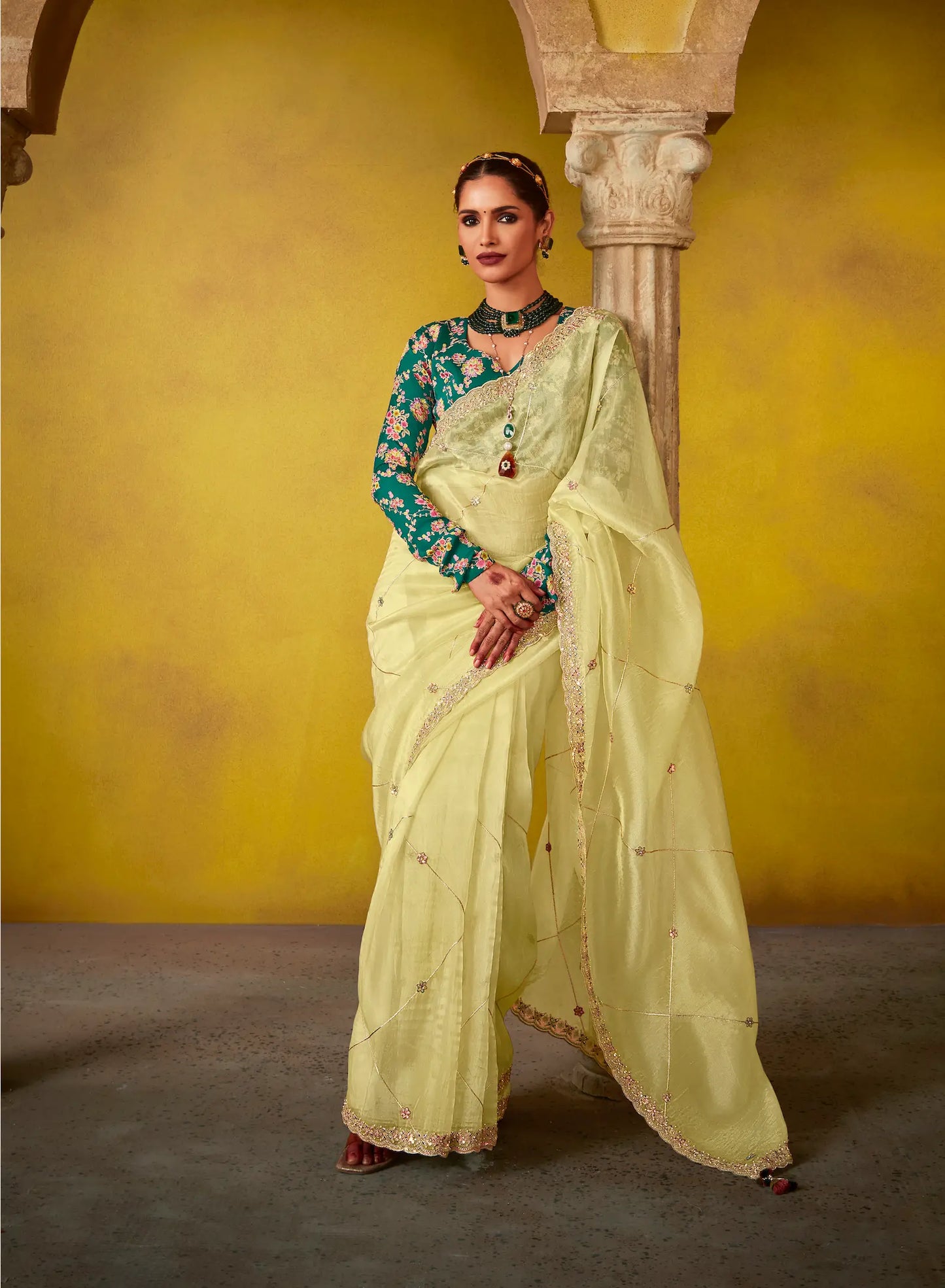 Lime Yellow Glass Tissue Saree With Digital Print,  Sequence & Thread Embroidery Work