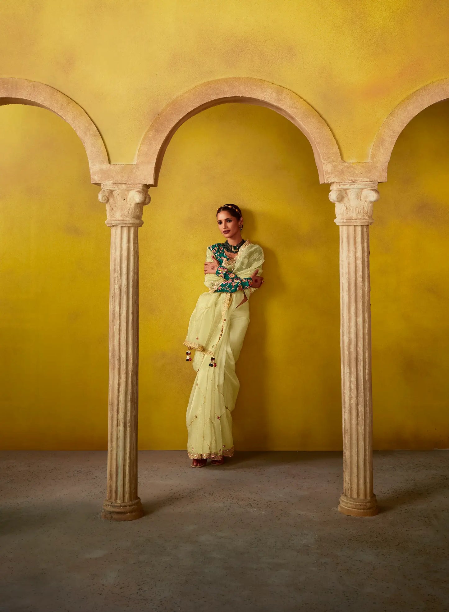 Lime Yellow Glass Tissue Saree With Digital Print,  Sequence & Thread Embroidery Work