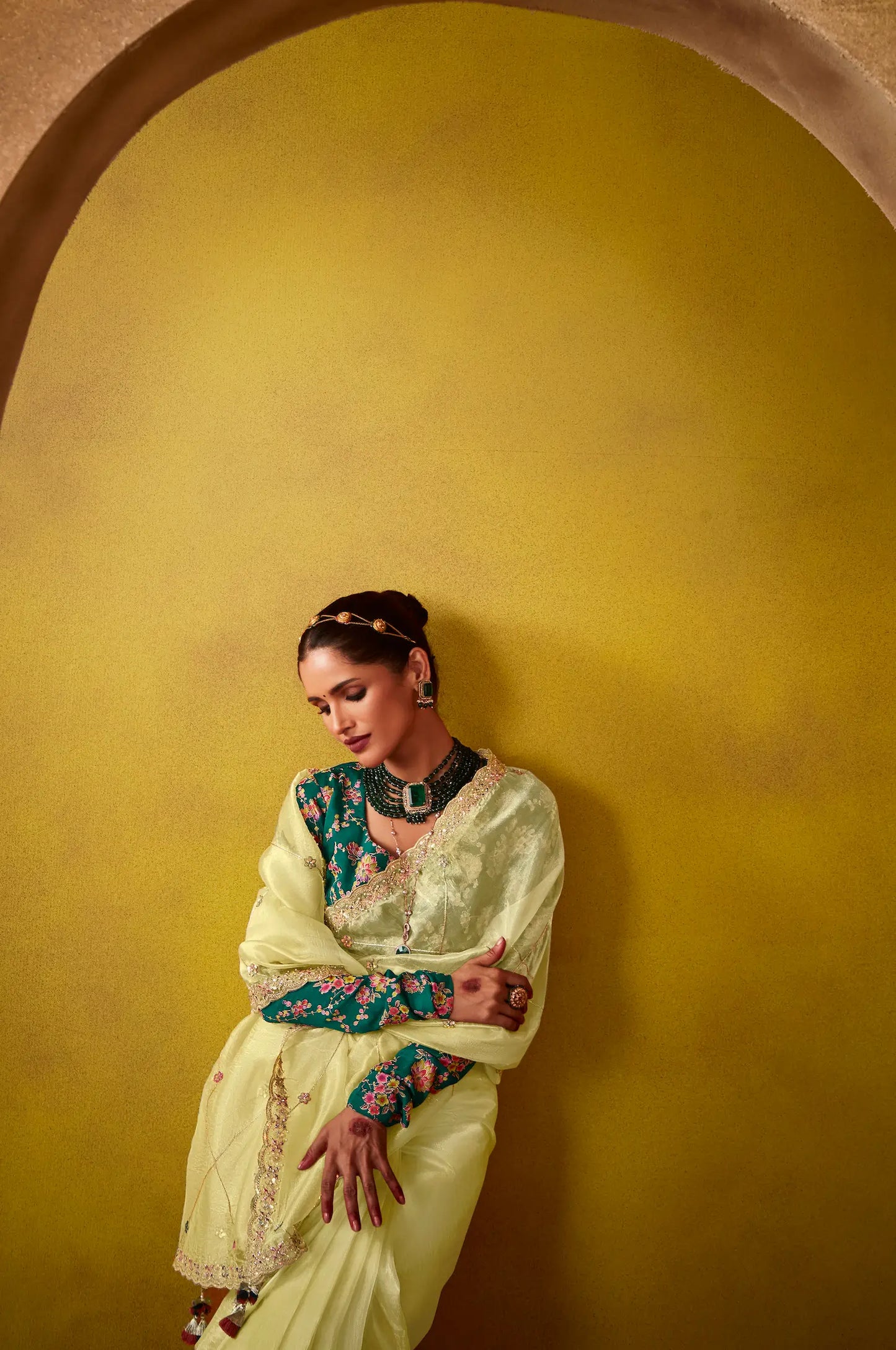 Lime Yellow Glass Tissue Saree With Digital Print,  Sequence & Thread Embroidery Work