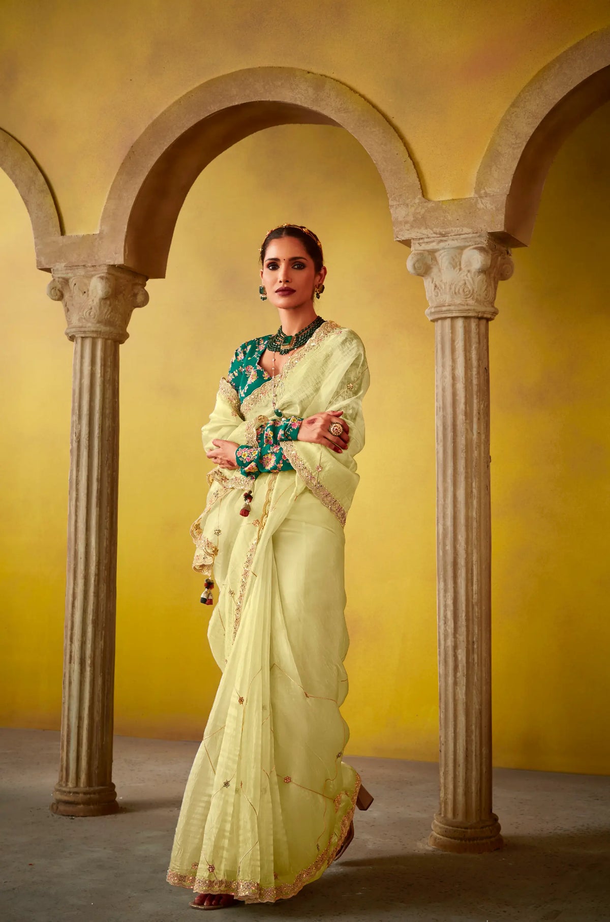 Lime Yellow Glass Tissue Saree With Digital Print,  Sequence & Thread Embroidery Work