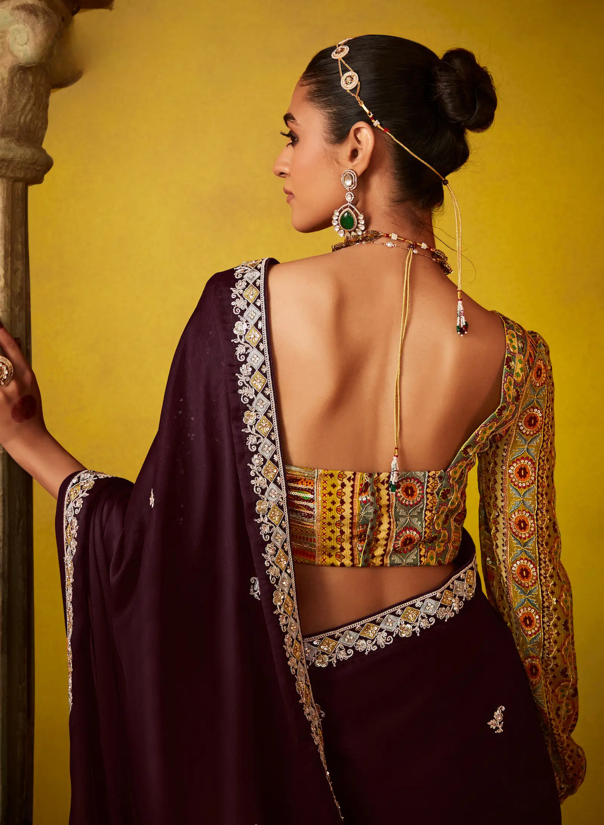 Dark Brown Glass Tissue Saree With Digital Print,  Sequence & Thread Embroidery Work