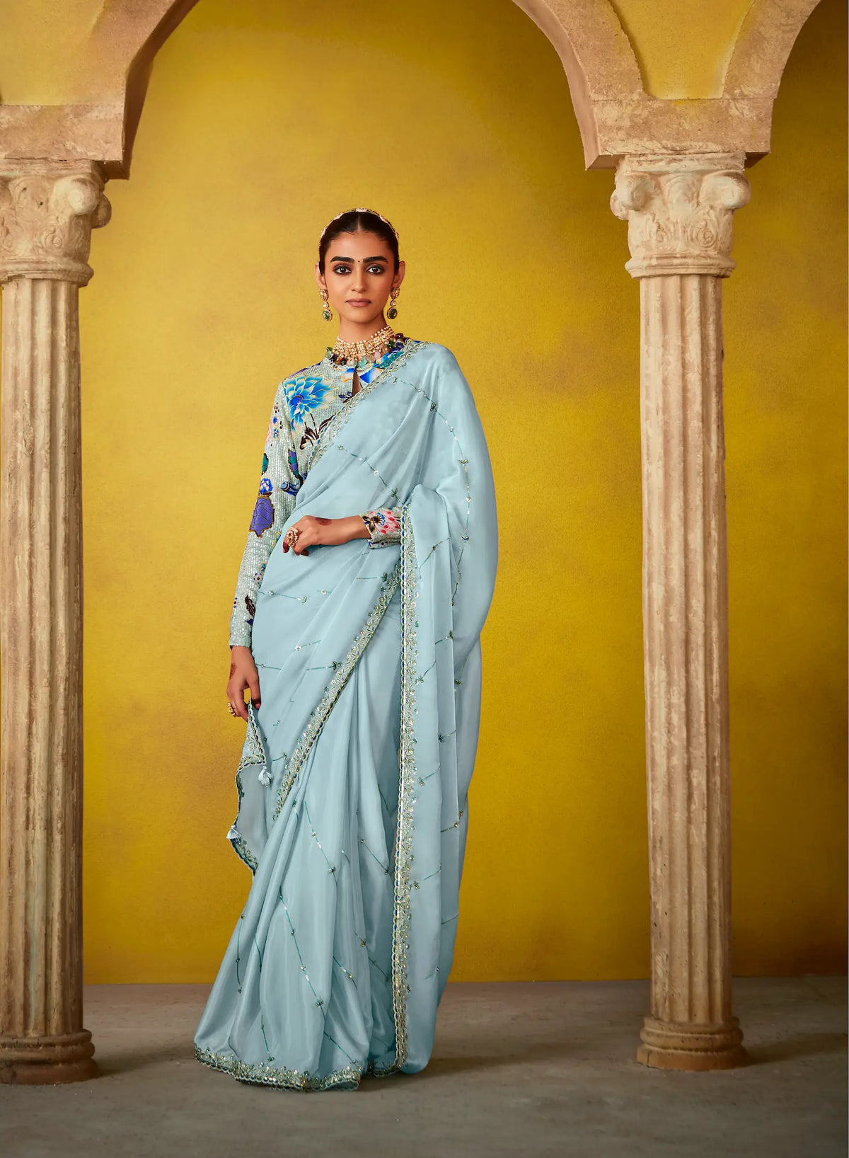 Sky Blue Glass Tissue Saree With Digital Print,  Sequence & Thread Embroidery Work