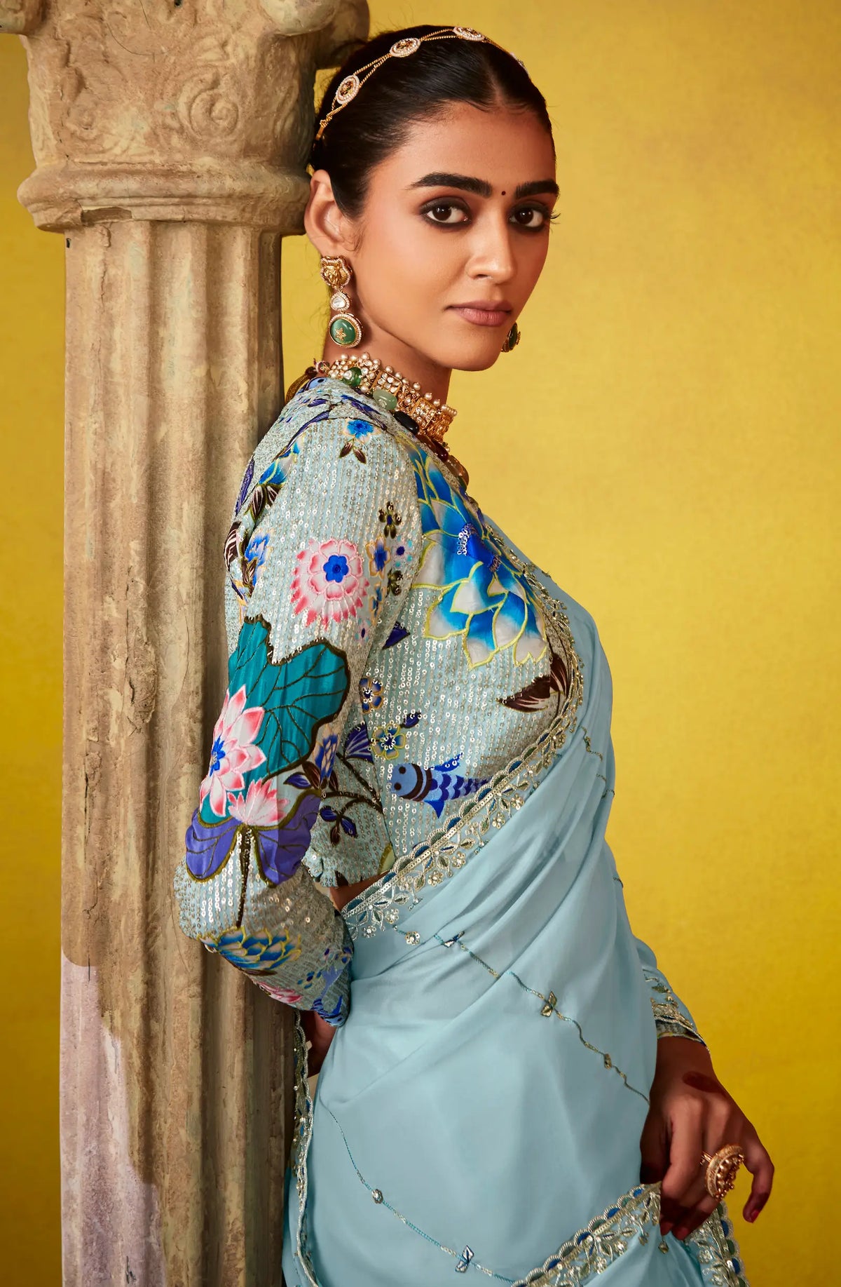 Sky Blue Glass Tissue Saree With Digital Print,  Sequence & Thread Embroidery Work