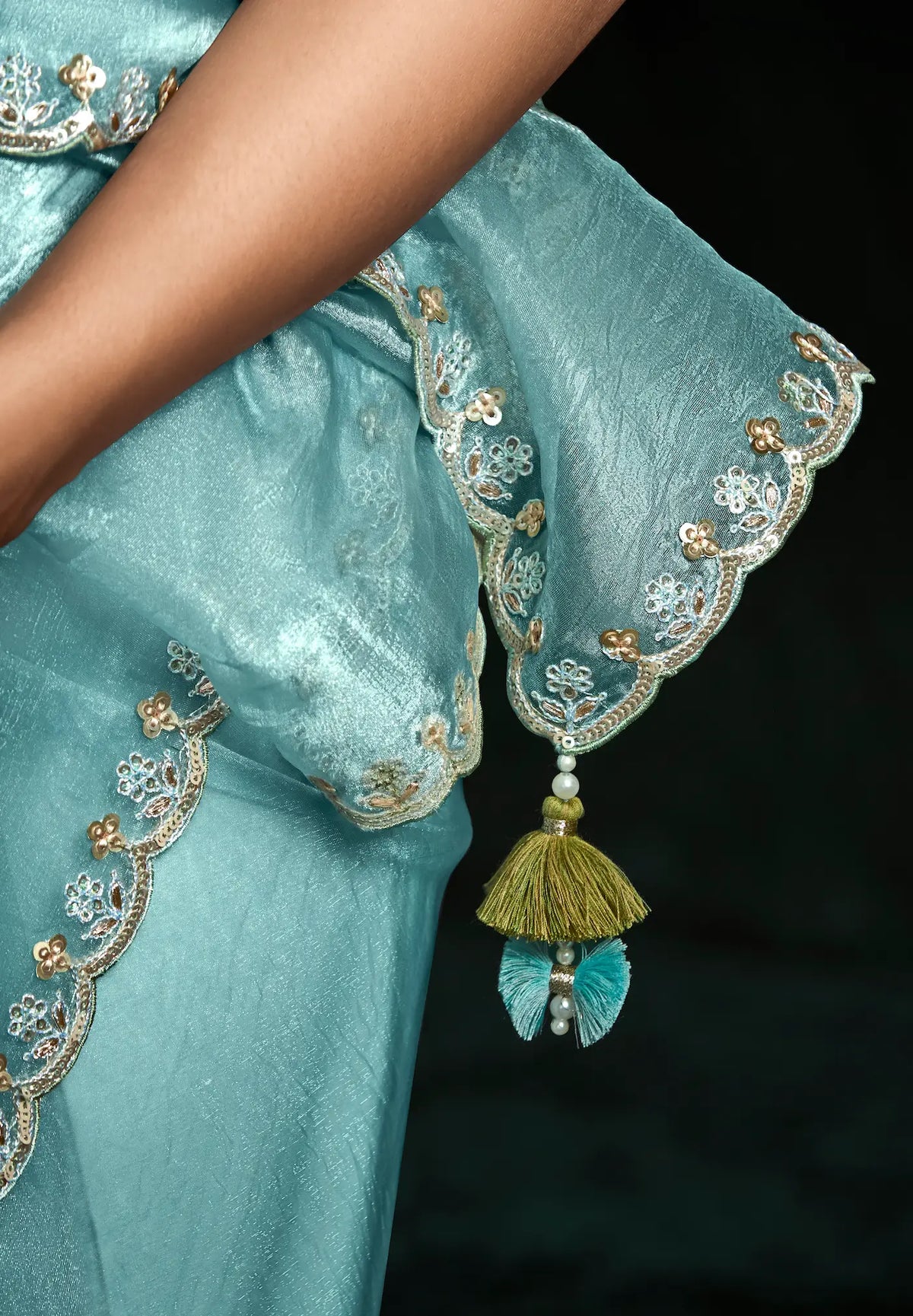 Sky Blue Glass Organza Saree With Digital Print,  Sequence & Thread Embroidery Work
