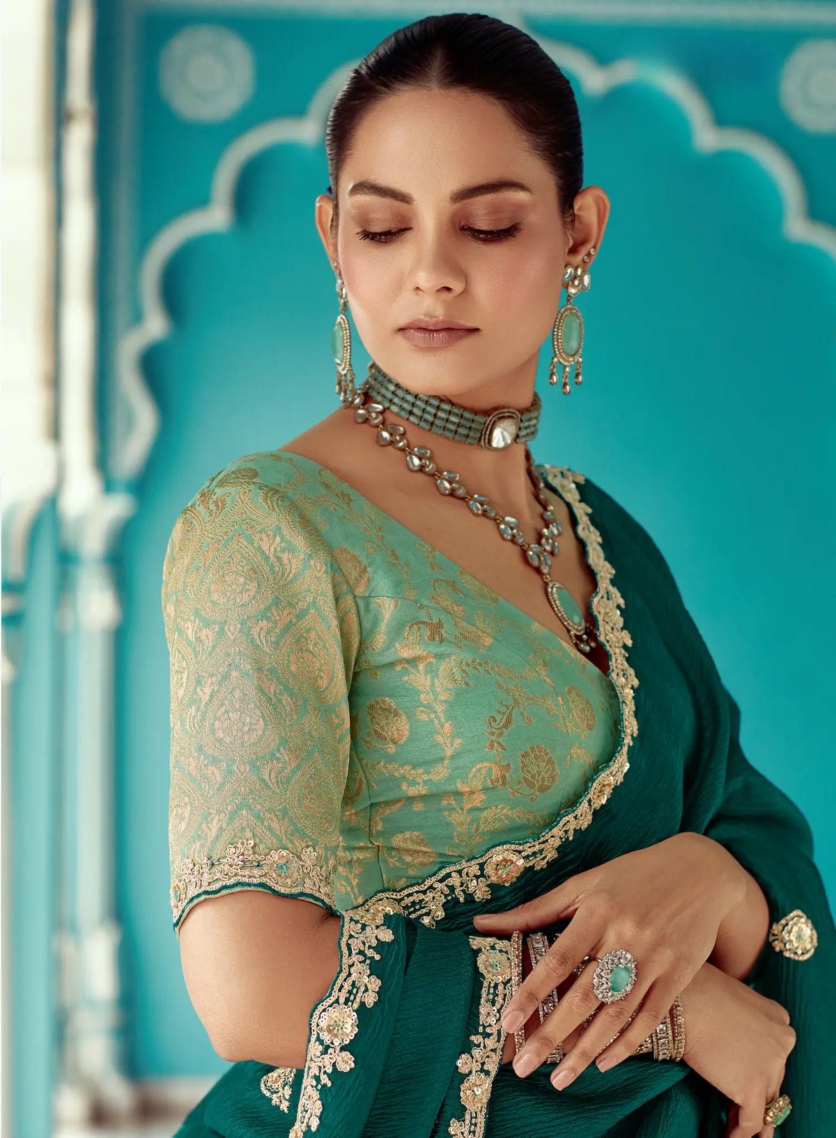 Dark Green Organza Embroidery Work Party wear Saree