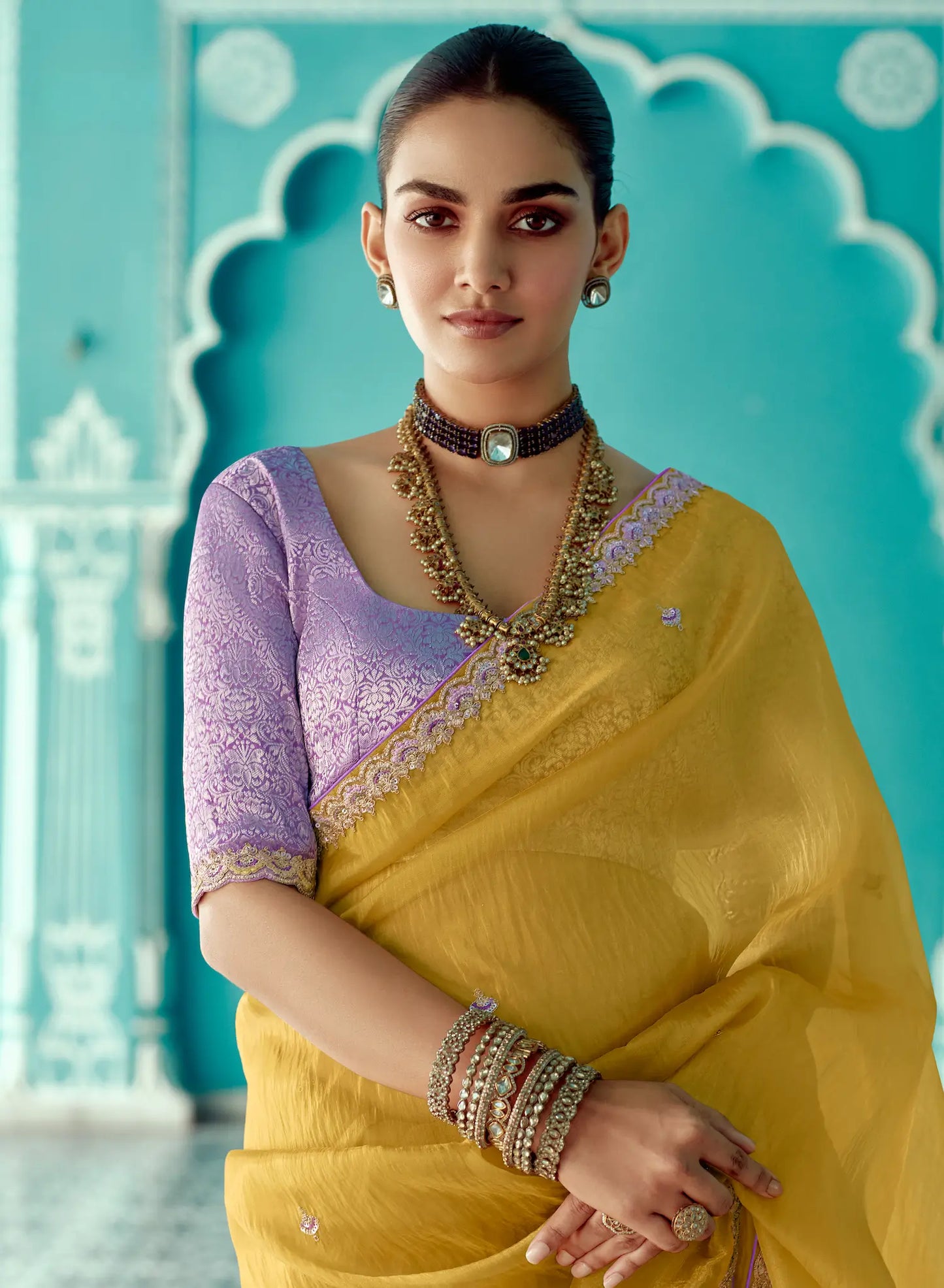 Honey Yellow Organza Embroidery Work Party wear Saree