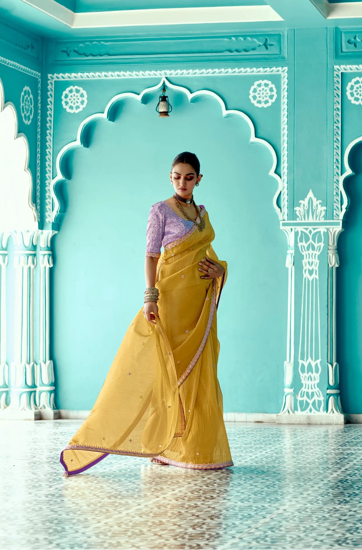 Honey Yellow Organza Embroidery Work Party wear Saree
