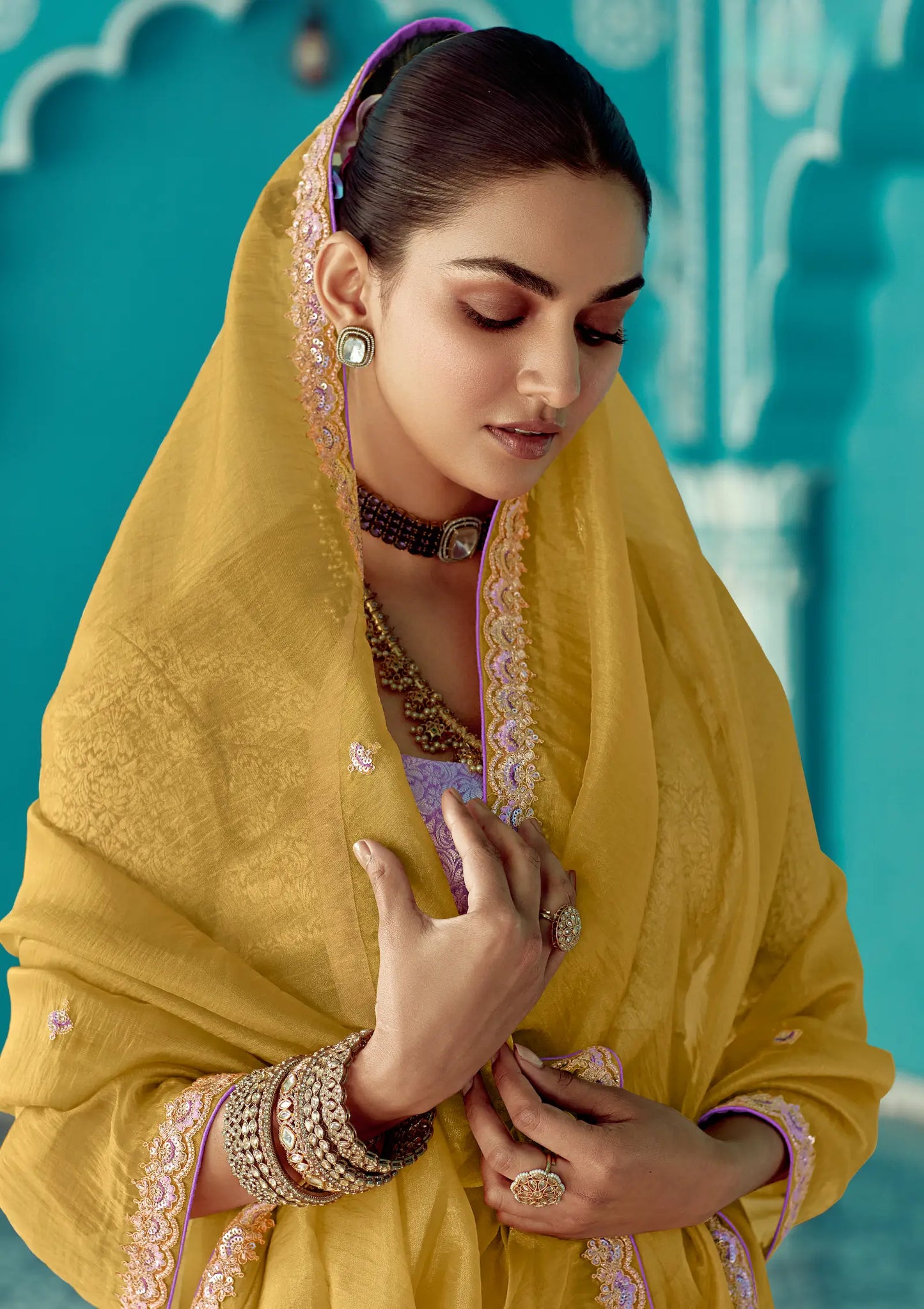 Honey Yellow Organza Embroidery Work Party wear Saree