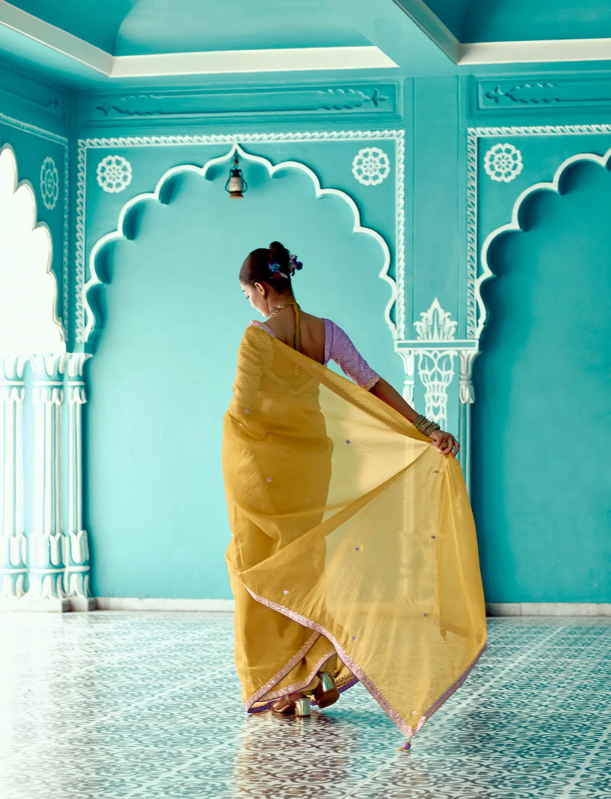 Honey Yellow Organza Embroidery Work Party wear Saree