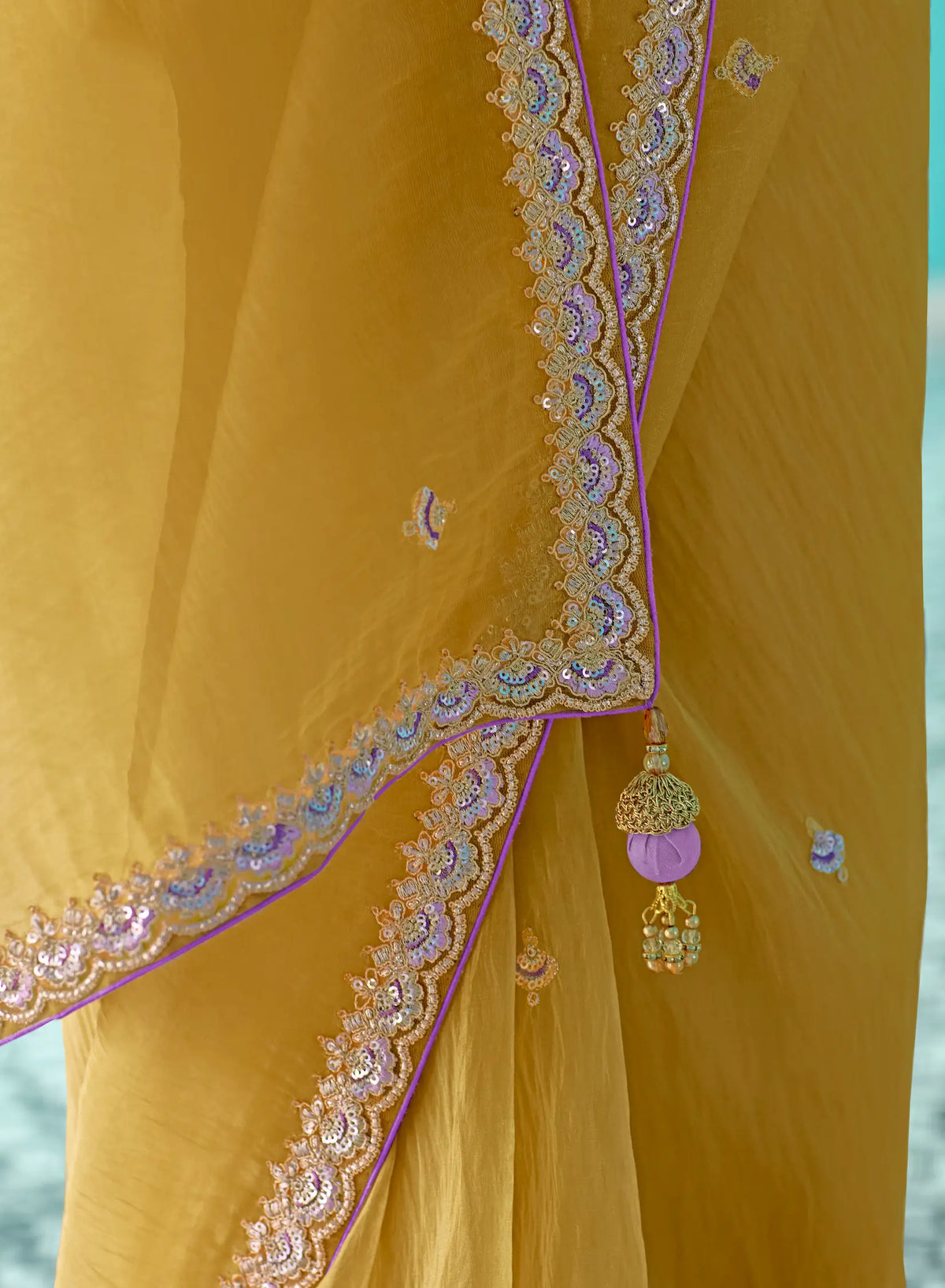 Honey Yellow Organza Embroidery Work Party wear Saree