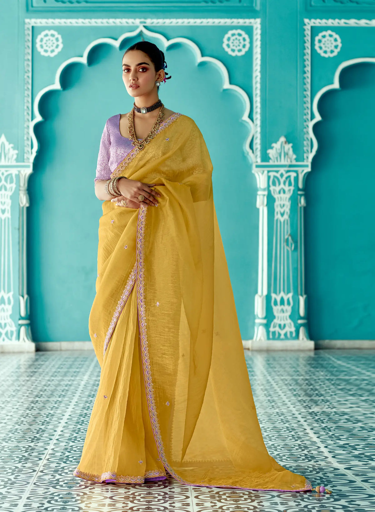 Honey Yellow Organza Embroidery Work Party wear Saree