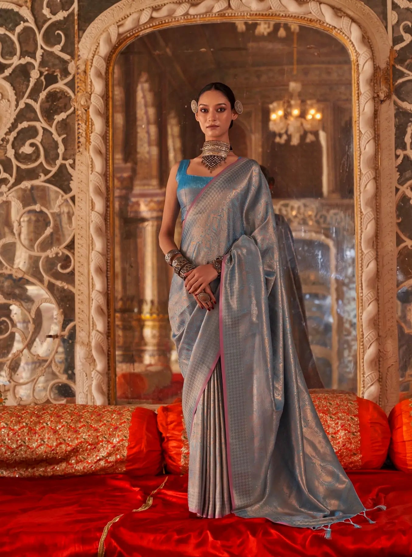Dusty Blue Handloom Weaving Saree
