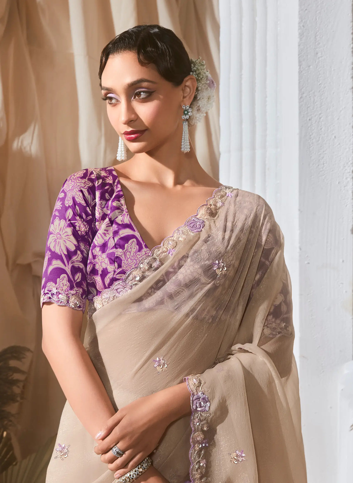Beige Fancy Tissue Embroidery Work Saree