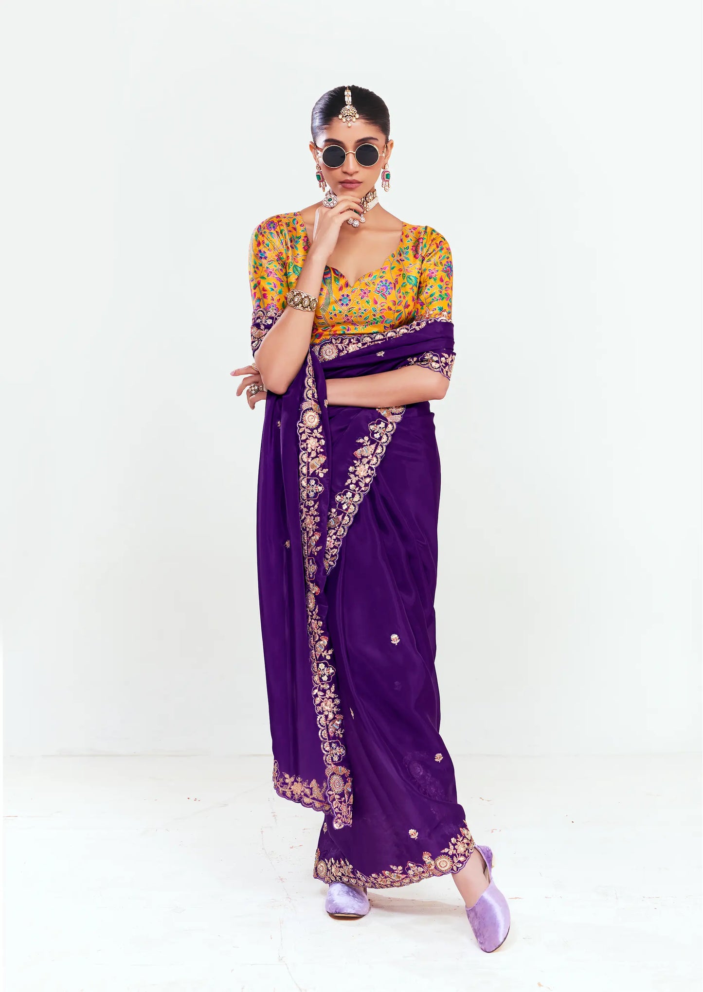 Royal Purple Embroidered Party Wear Saree