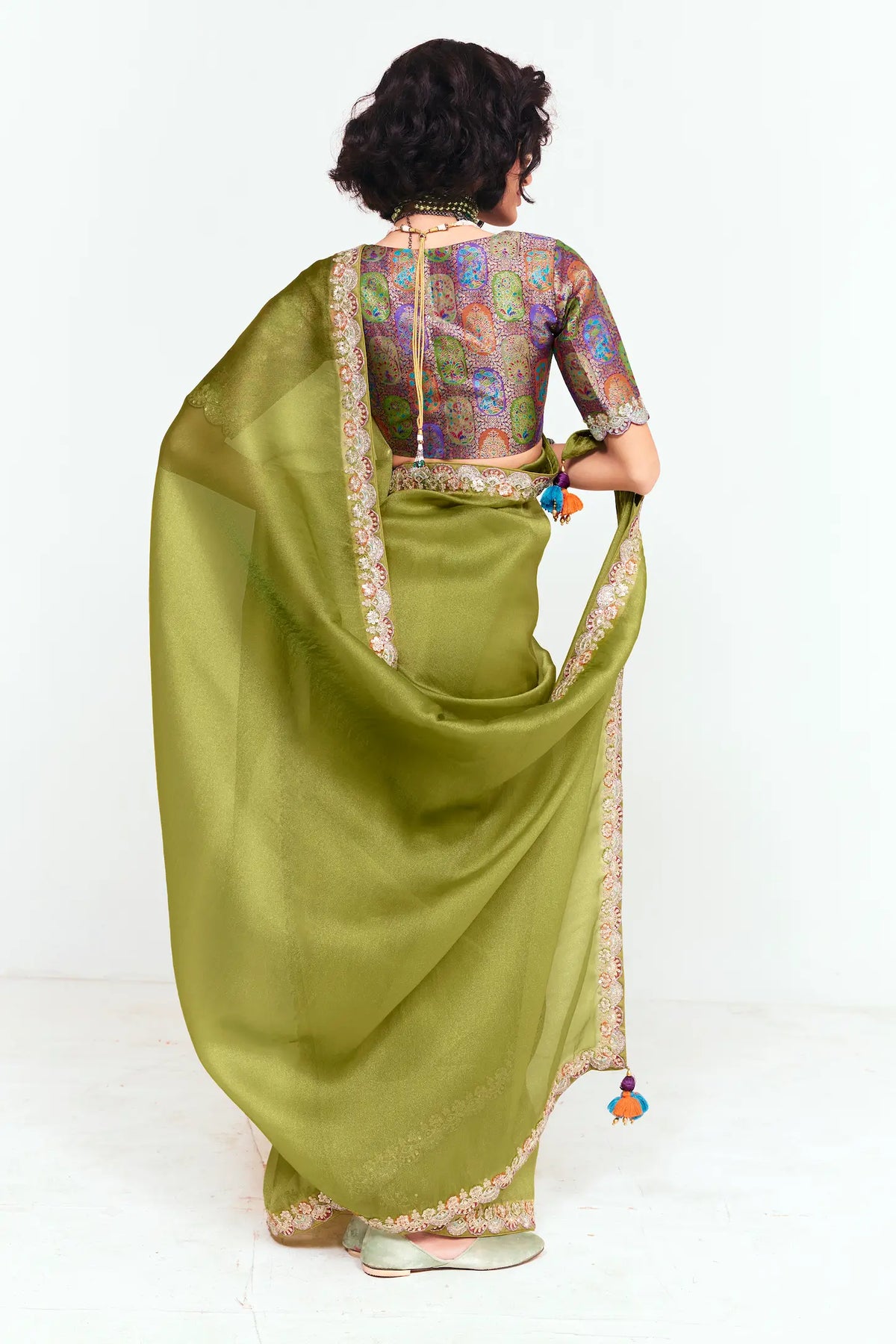 Olive Green Embroidered Party Wear Saree